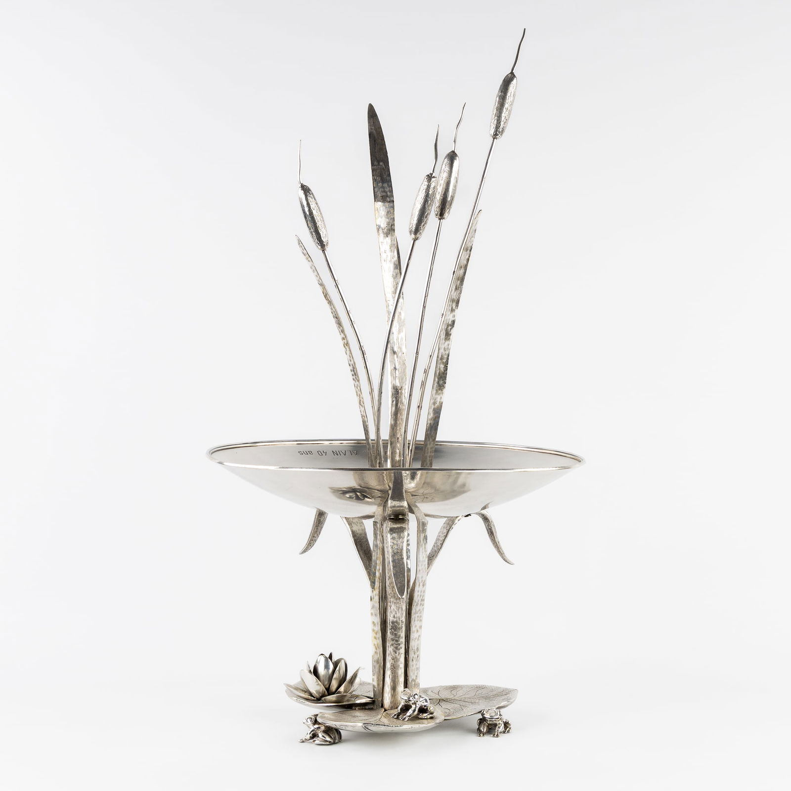 A Large Centerpiece with Frogs, Water Lilies, and Cattails, Silver-plated Bronze. (1 of 9)