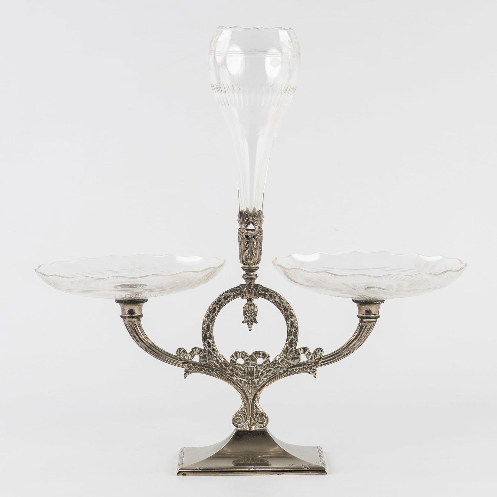 WMF, A Table Centerpiece or 'Milieu de Table' with two Bowls and a Vase, Metal and Cut Crystal, (1 of 9)