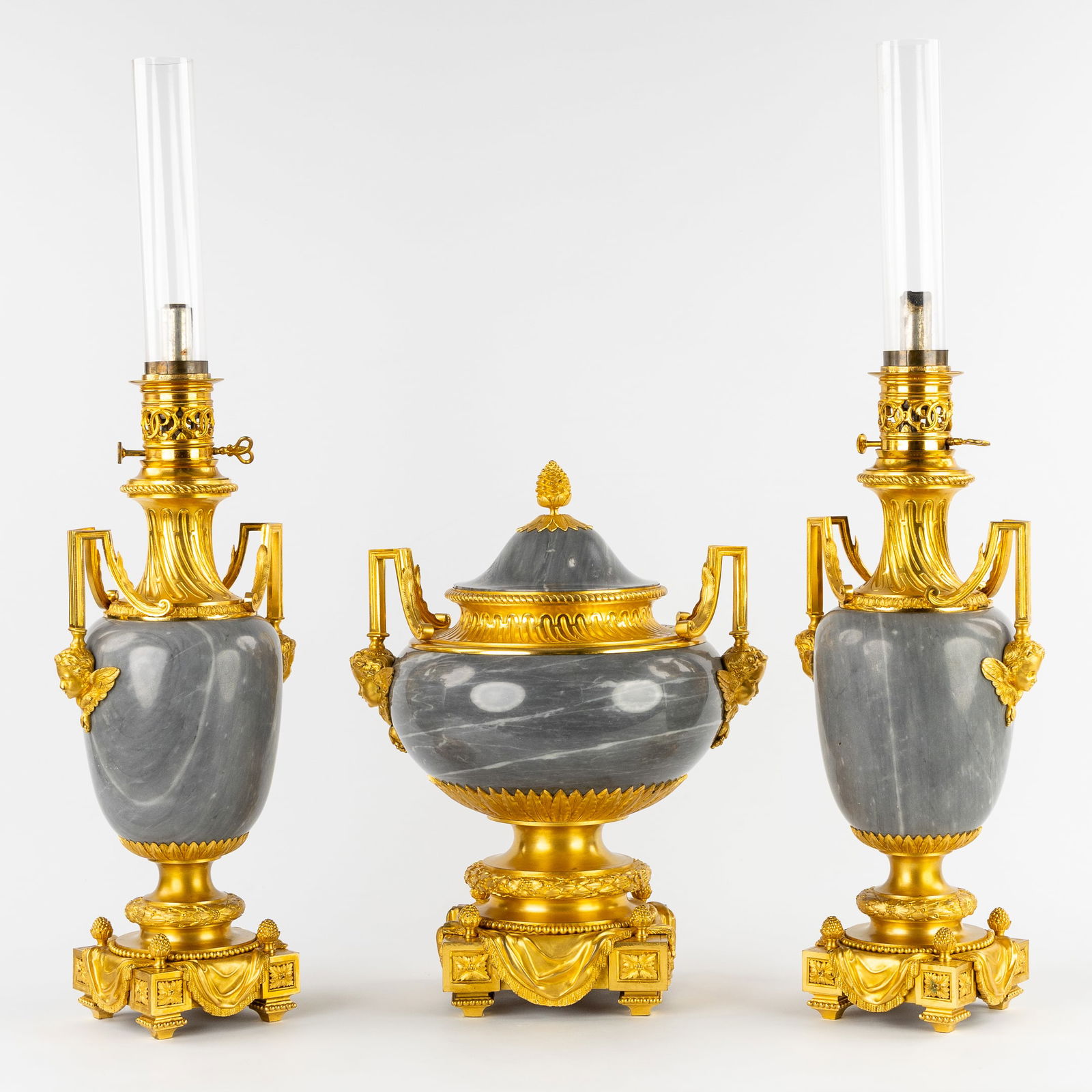 An Exceptional Three-piece Mantel Garniture with Oil Lamps, Marble and Ormolu Bronze, Napoleon III, (1 of 10)