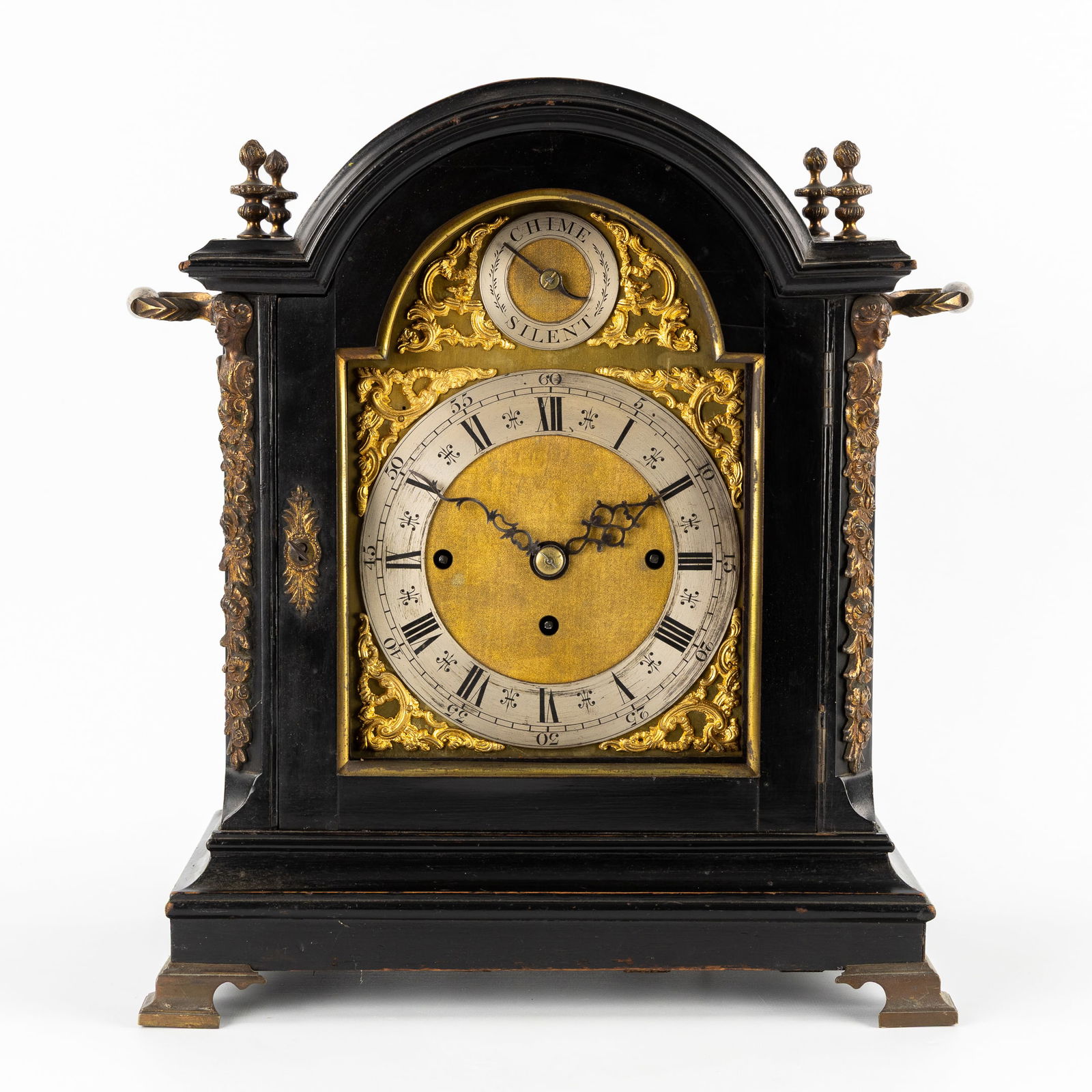 An Antique English Table Clock with Nine Bells, Patinated Wood and Bronze. (1 of 6)