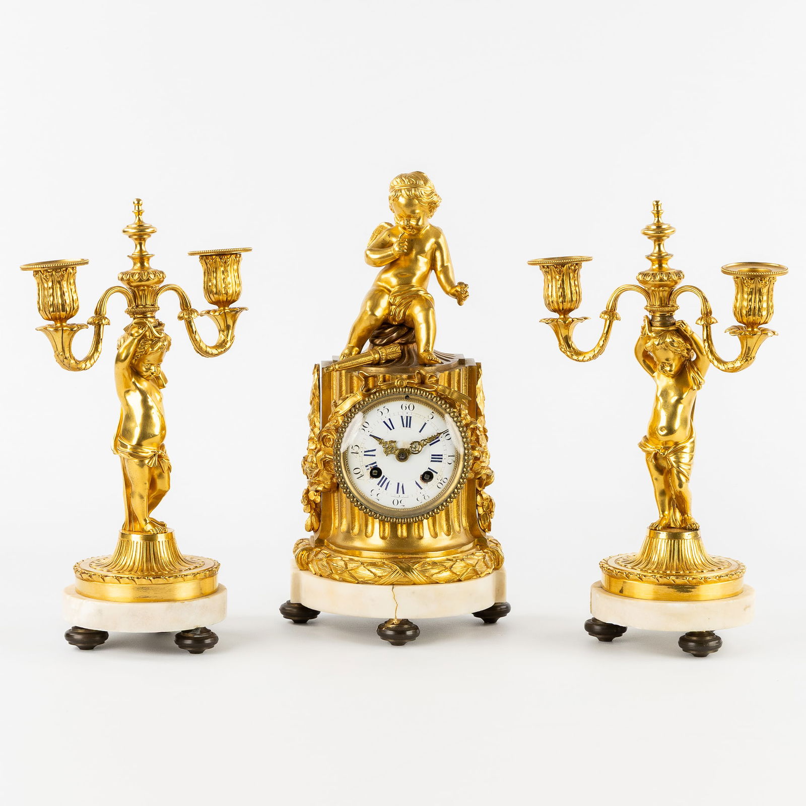 A Three-piece Mantel Garniture, Janvier à Paris, Clock and Candelabra, Gilded Bronze and Marble, (1 of 9)
