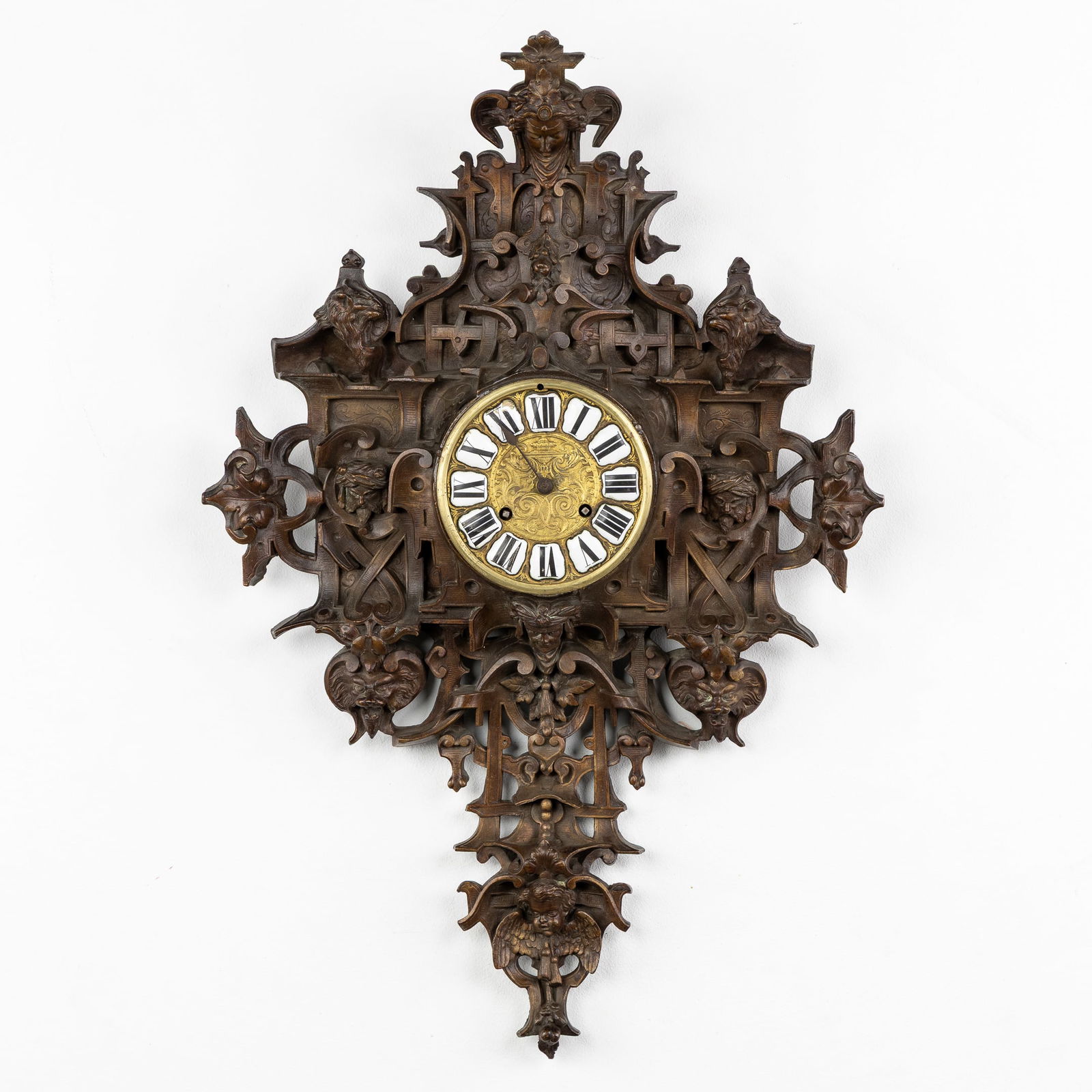 An Antique French Wall Clock, Patinated Bronze, Decorated with Lion Heads and Mascarons, Renaissance (1 of 7)