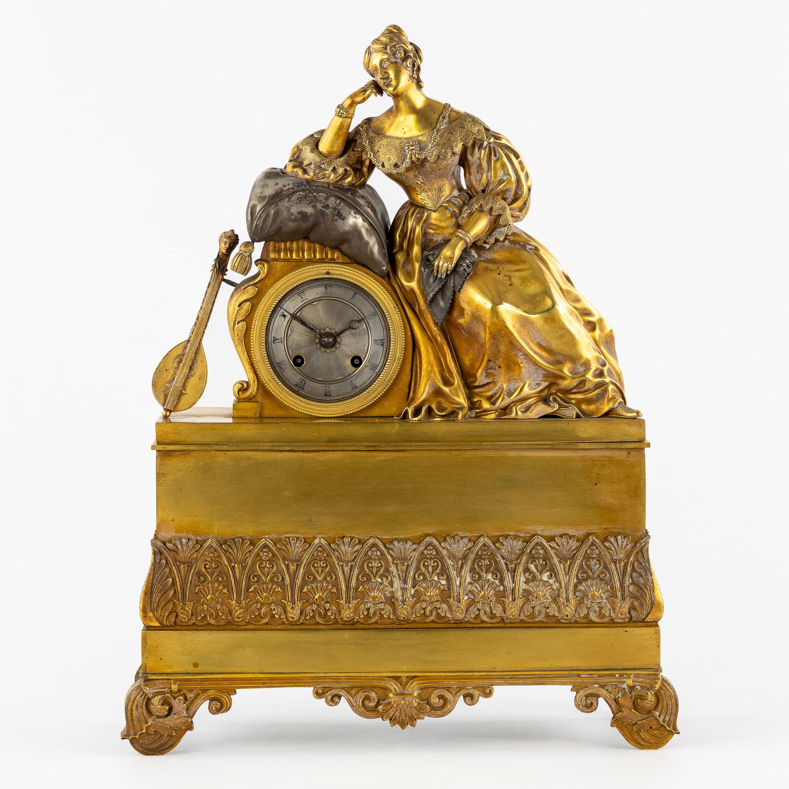 An Ormolu Gilded Mantel Clock, "Noblewoman with Mandolin," Louis-Philippe period, circa 1840. (1 of 7)