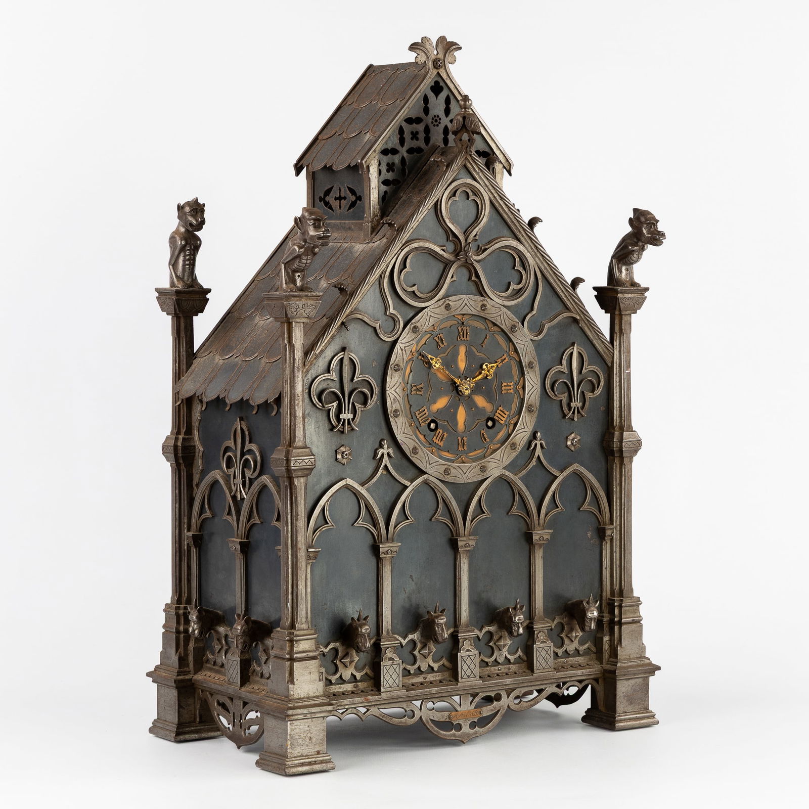 A Gothic Revival Architectural Mantel Clock, Patinated Wrought Iron, A. Mercié, Gothic Revival, (1 of 13)