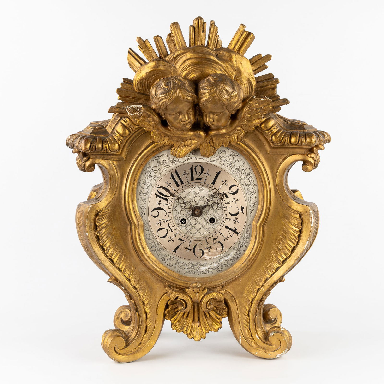 A French Wood-sculptured Mantel Clock, decorated with Cherub Heads, Louis XV style, circa 1900. (1 of 12)