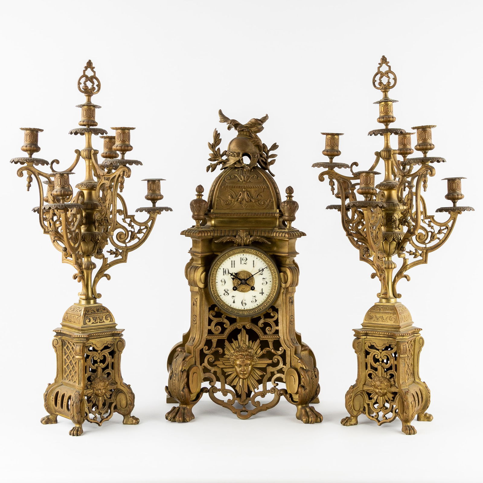 A Large Three-Piece Mantel Garniture, Clock and Candelabra, Bronze, Decorated with Cherub Heads and (1 of 12)