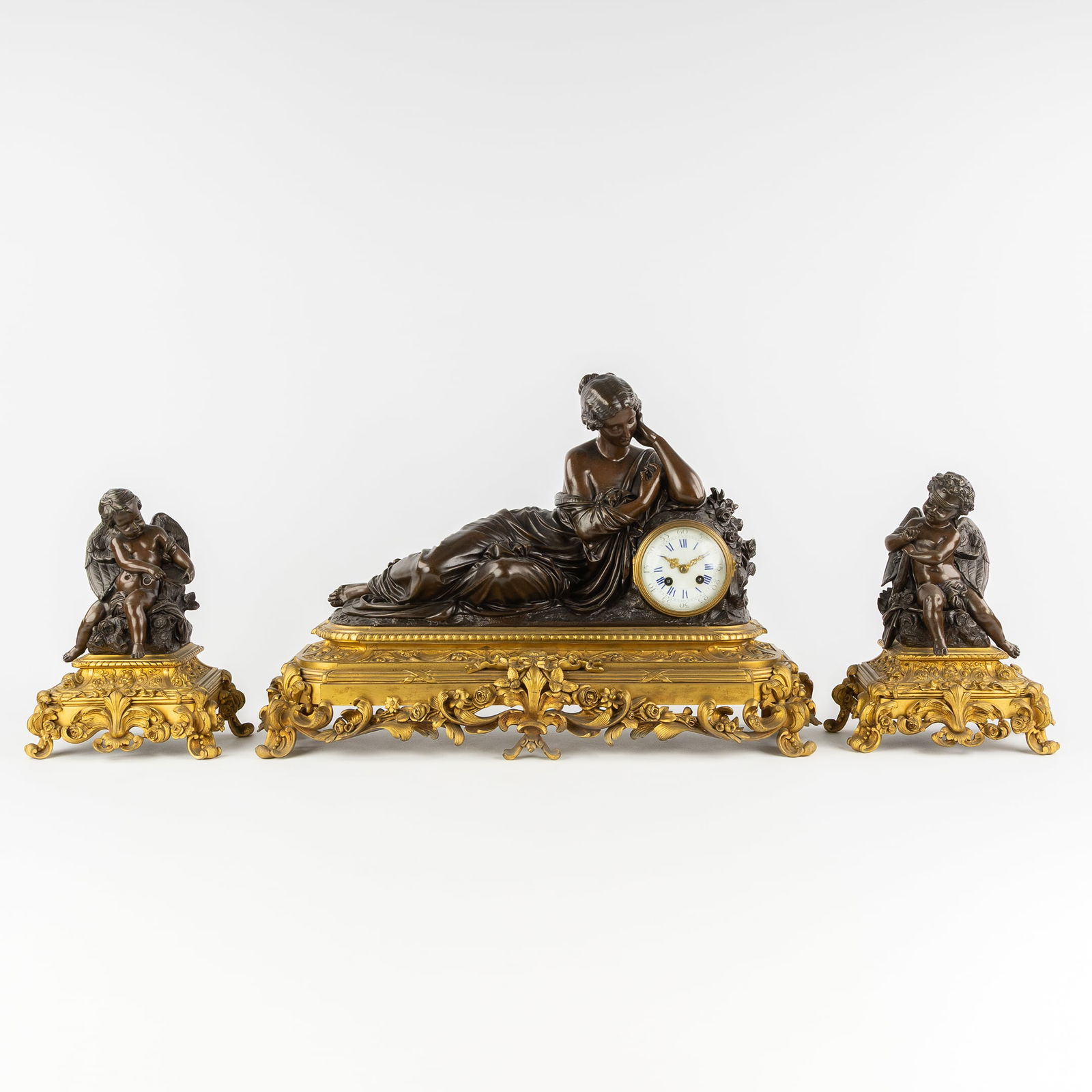 Henry Picard (XIX) A Three-piece Mantel Garniture, Clock and Side Pieces, Reclining Lady and Angels, (1 of 11)