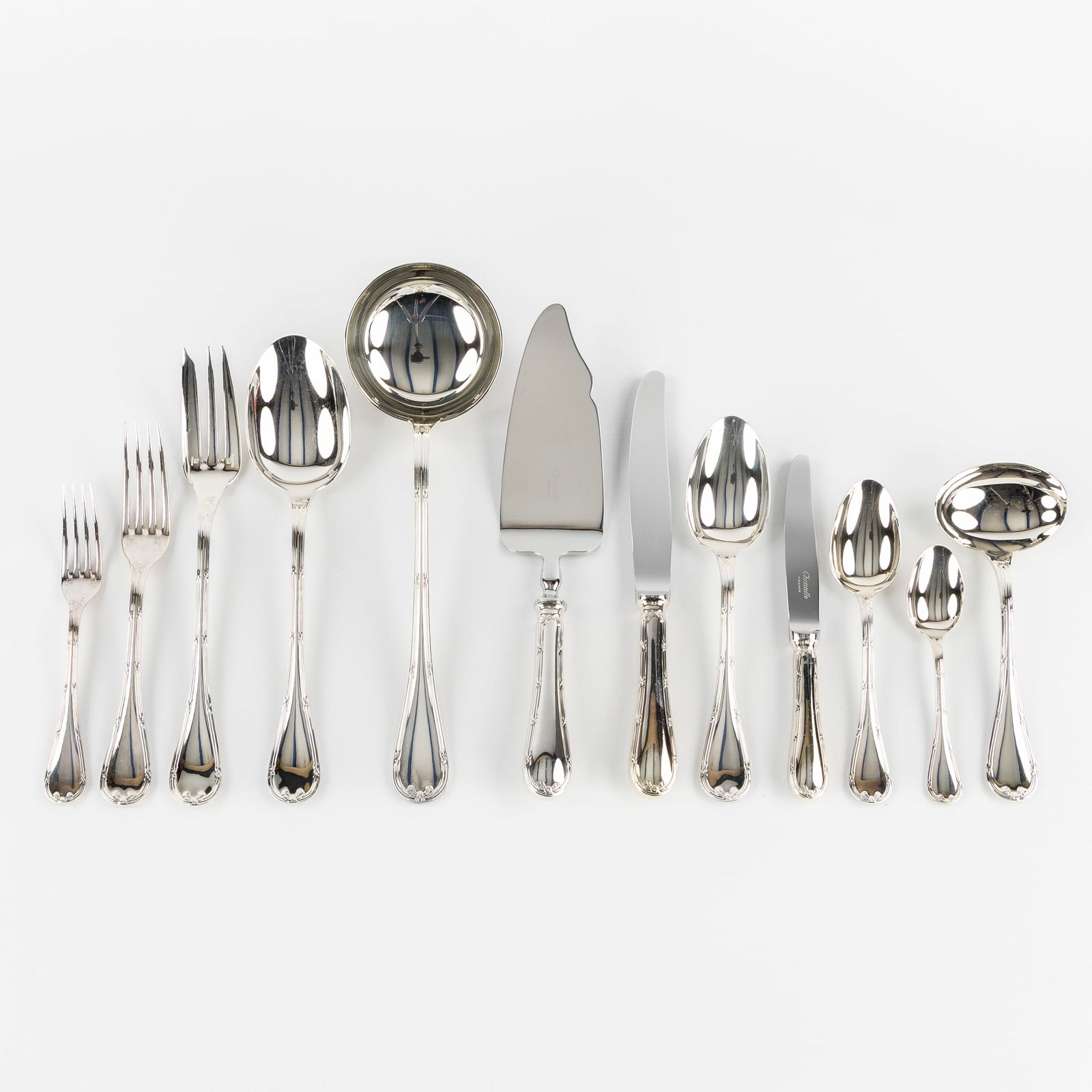 Christofle, Rubans, An 89-piece Silver-Plated Cutlery Set, nearly new condition.: Christofle, Rubans, An 89-piece Silver-Plated Cutlery Set, nearly new condition. Silver-plated metal, model Rubans.12 large dining knives12 large dining forks12 large dining spoons 12 dessert