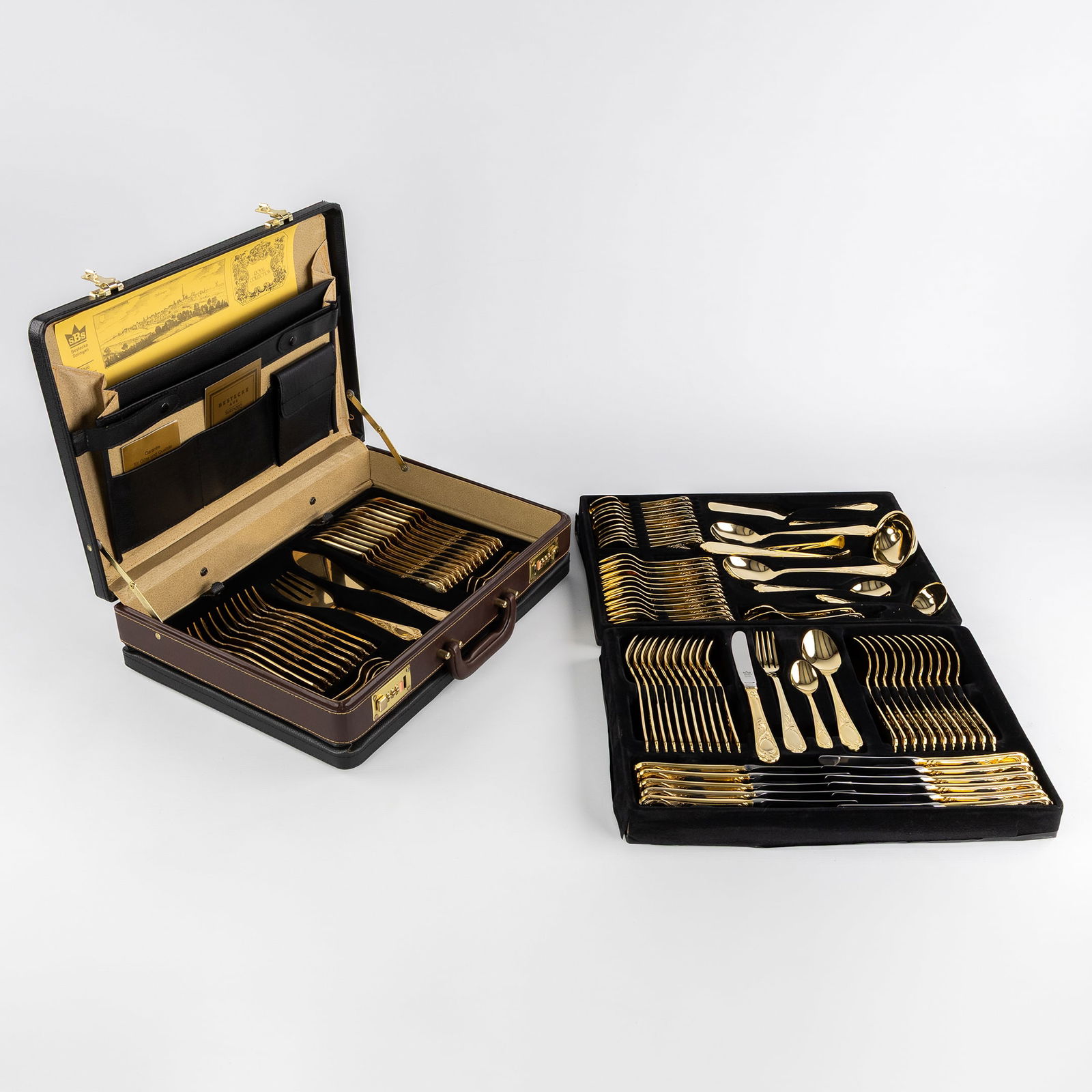 A 108-piece gold-plated 'Collection SBS Solingen' flatware cutlery set, Germany.: A 108-piece gold-plated 'Collection SBS Solingen' flatware cutlery set, Germany. Inox 18/10 gold-plated 23/24 karats.Model 'Louis XV'