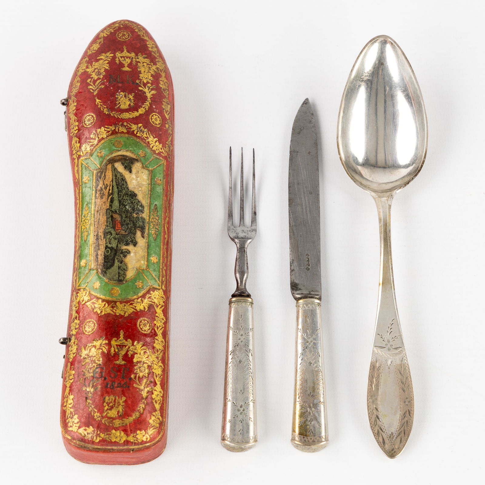 A Silver Travel Cutlery Set in a Rrichly Decorated Case, Dated 1826. Silver, 42g. (1 of 8)