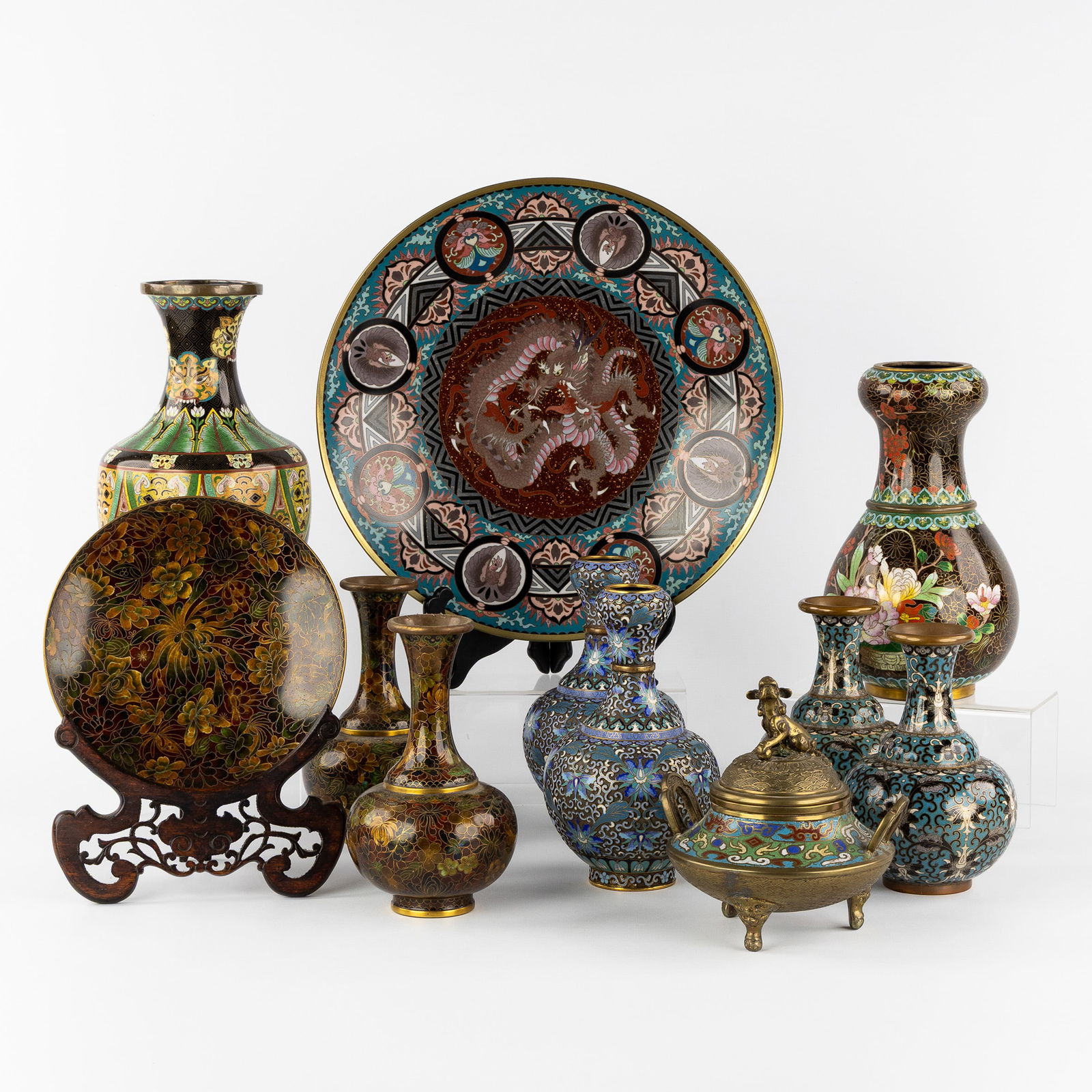 A Collection of 10 Oriental cloisonné Vases and Plates, and a Champlevé Incense Burner. 20th C. (1 of 11)