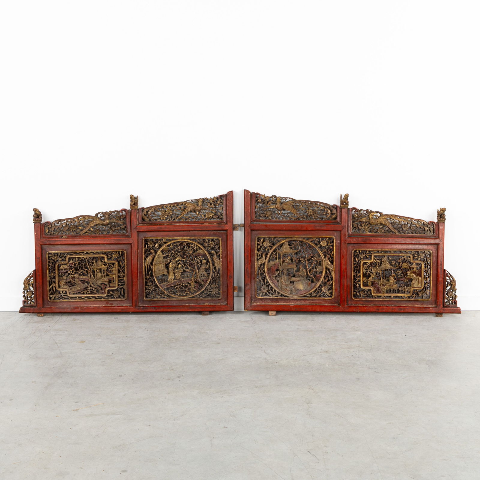 A Pair of Chinese hardwood panels with openwork carving, decorated with figurative landscapes and (1 of 6)