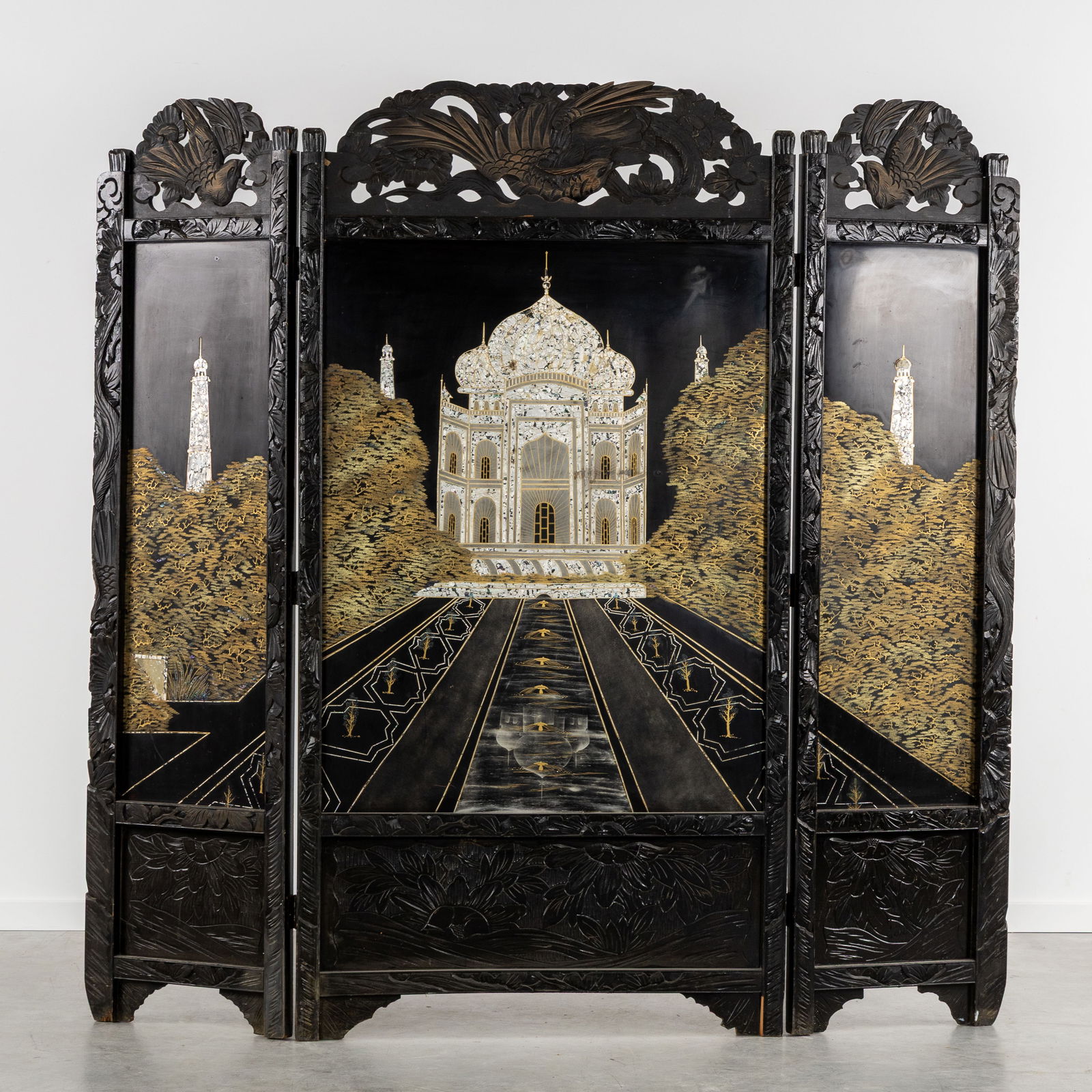 A Large Oriental Room Divider, Taj Mahal, Hand-painted decoration and Mother-of-Pearl inlay. (1 of 8)