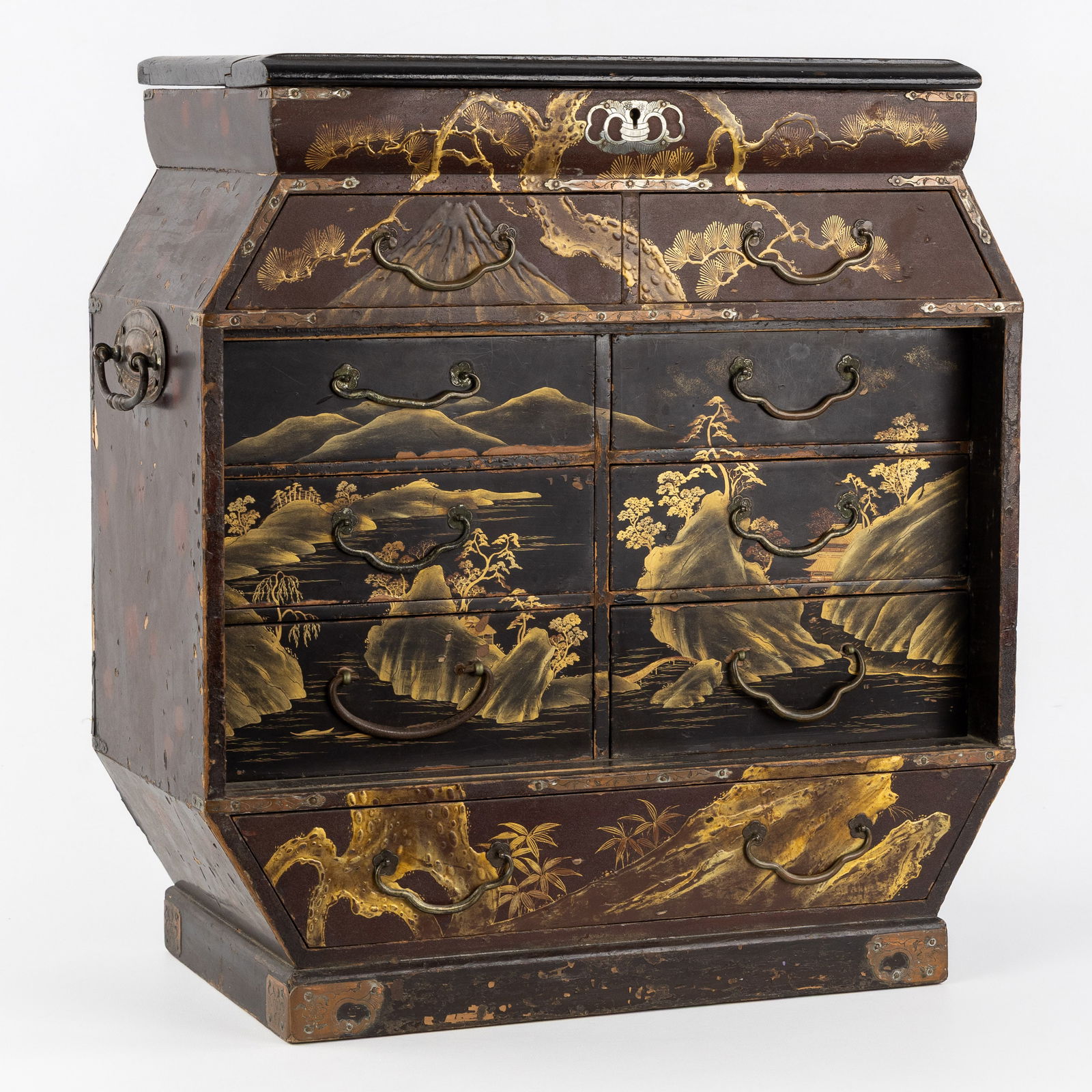 A Japanese lacquerware cabinet, wood and brass fittings, Meiji. (1 of 10)