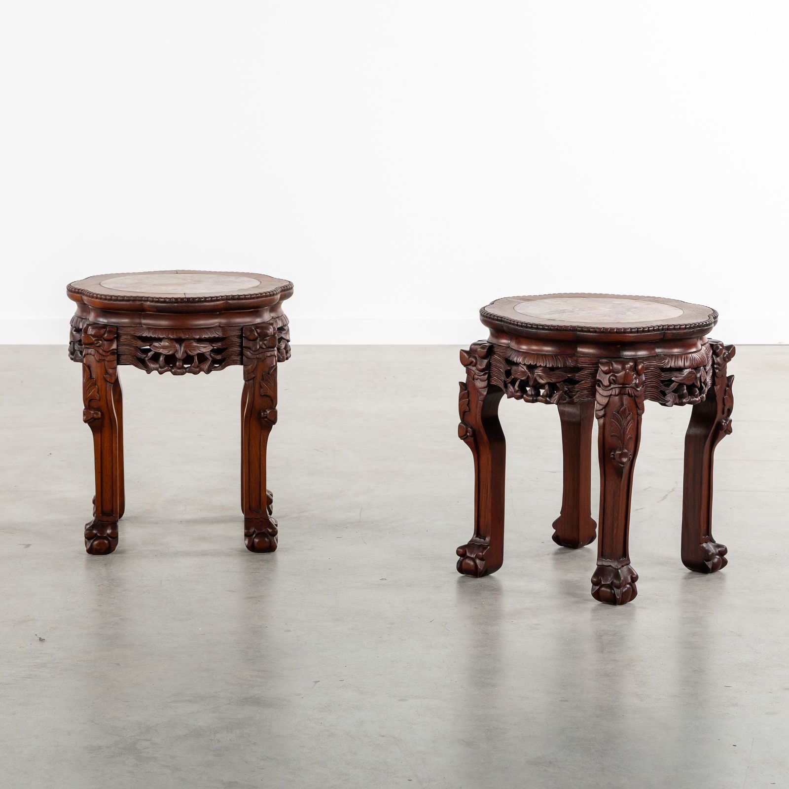 A Pair of Chinese hardwood Side tables or Stands, Sculptured wood and marble, 20th C. (1 of 8)