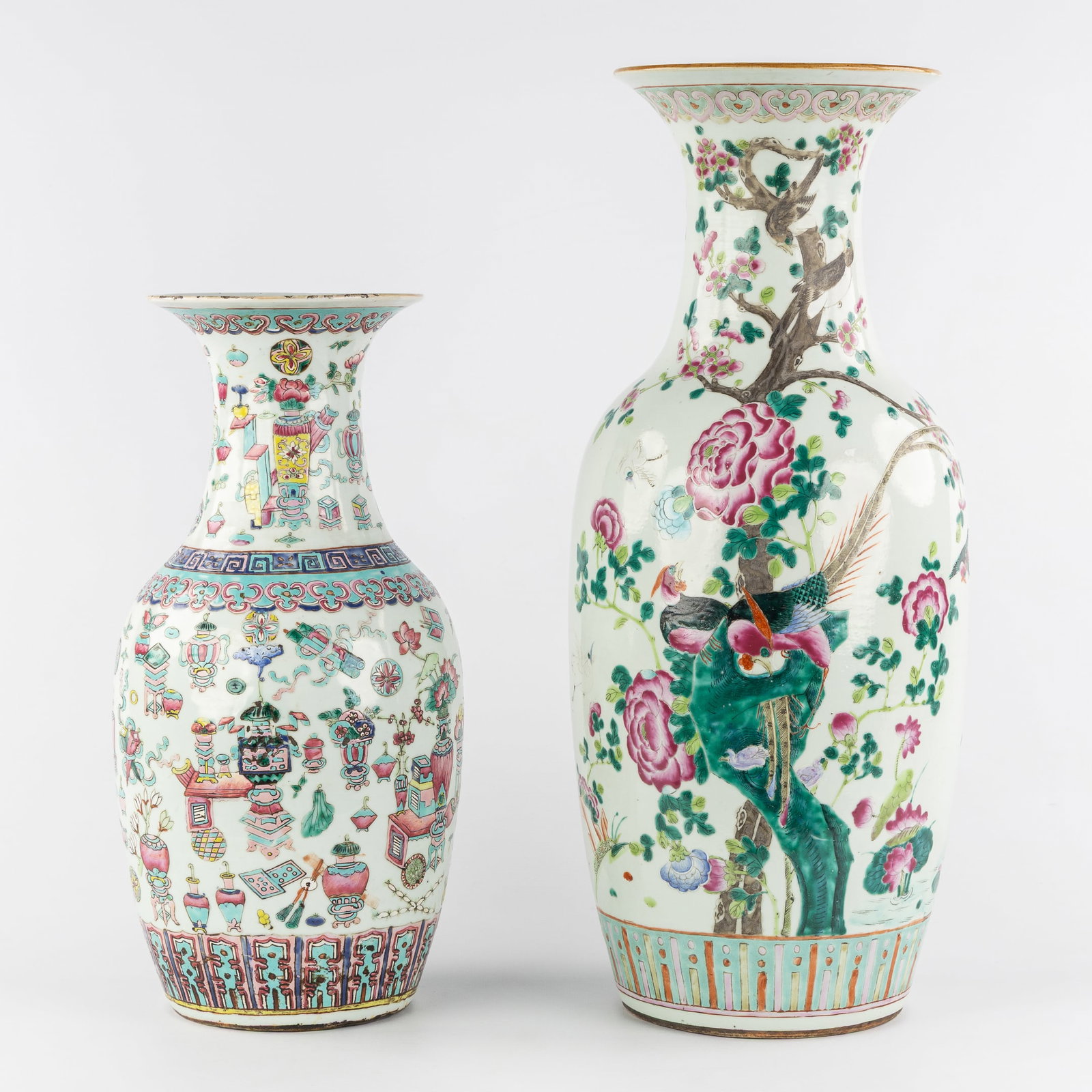 Two Chinese Famille Rose Vases decorated with Peacocks/Pheasants and One Hundred Antiquities, 19th: Two Chinese Famille Rose Vases decorated with Peacocks/Pheasants and One Hundred Antiquities, 19th century. Chinese porcelain.