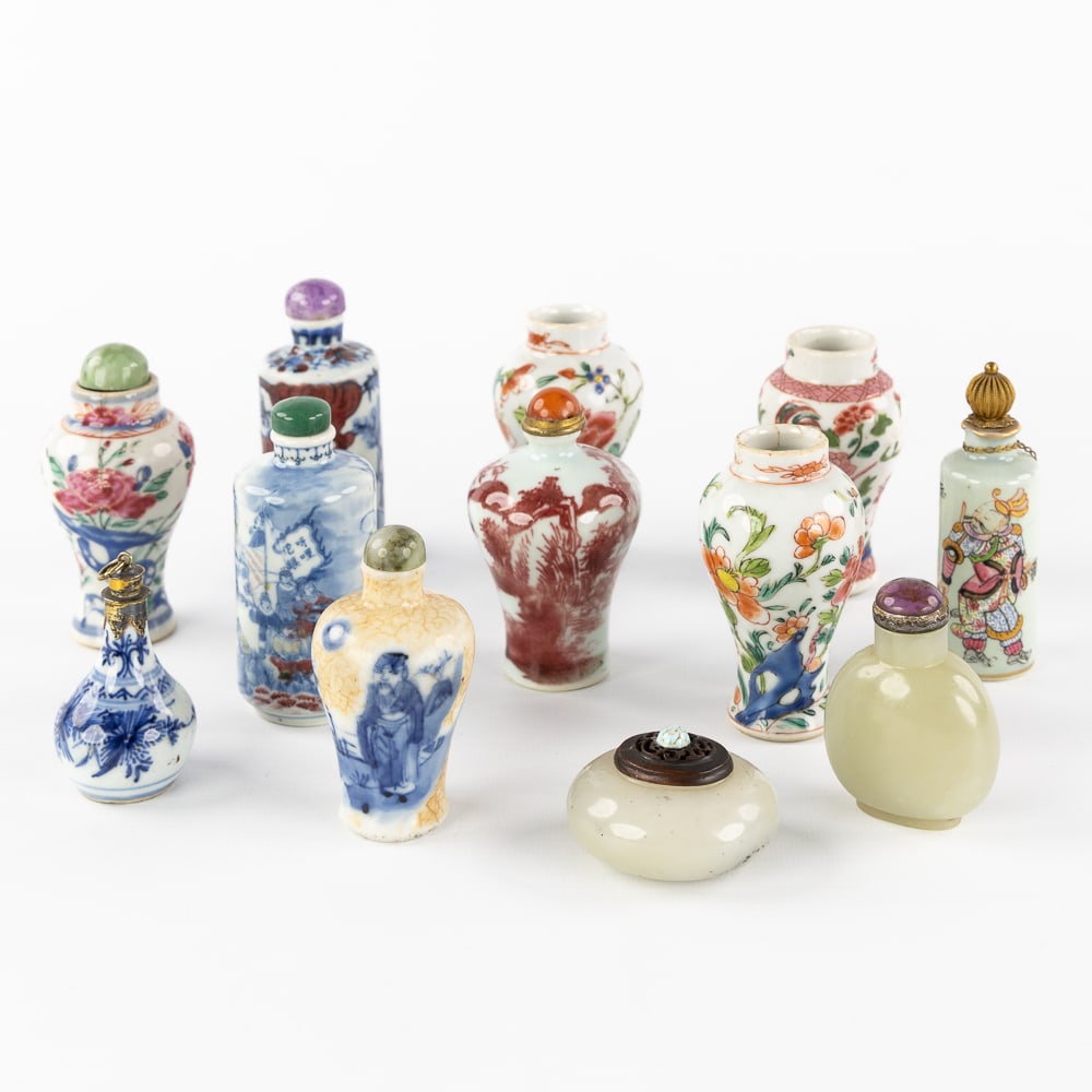 A Collection of 12 Chinese snuff and opium bottles, porcelain, jade, and natural stone, 18th, 19th (1 of 7)
