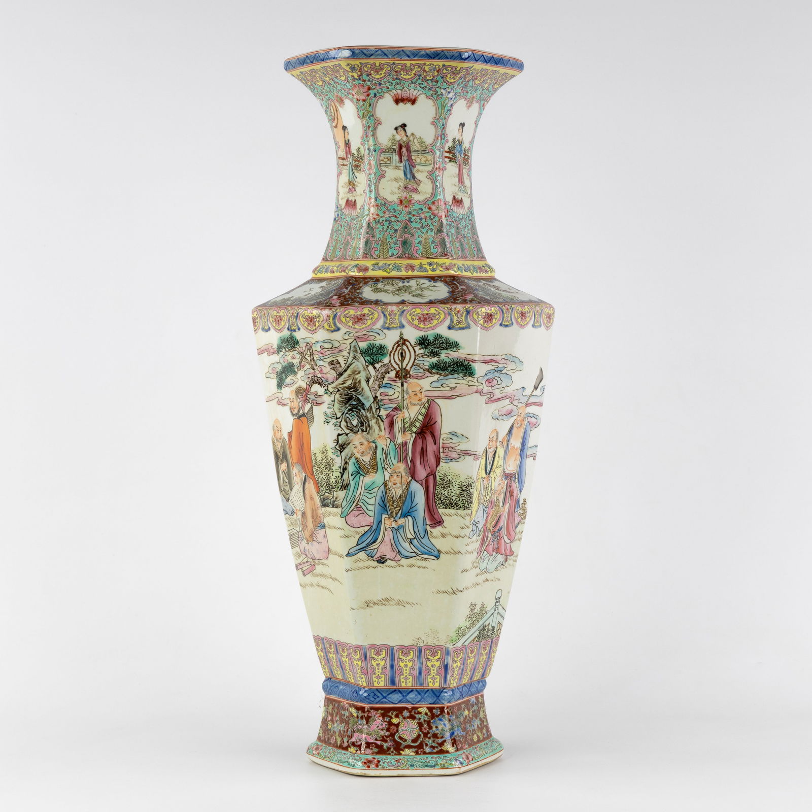 A Chinese Hexagonal vase, Famille Rose, decorated with figurative scenes, Republic period, 20th C. (1 of 9)