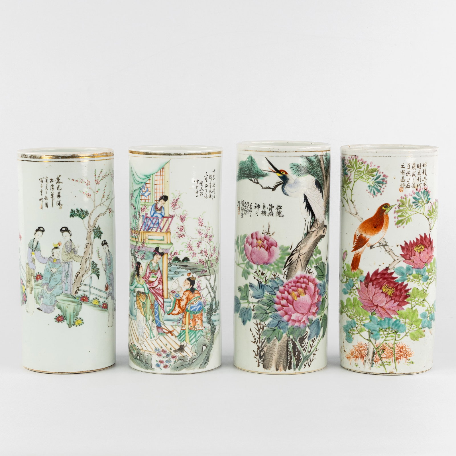 A Collection of four Chinese Hat Stands, Famille Rose, 19th/20th C.: A Collection of four Chinese Hat Stands, Famille Rose, 19th/20th century. Chinese porcelain, Famille Rose.Decorated with birds and peonies (2x) and court ladies (2x).Marked on the bottom. (