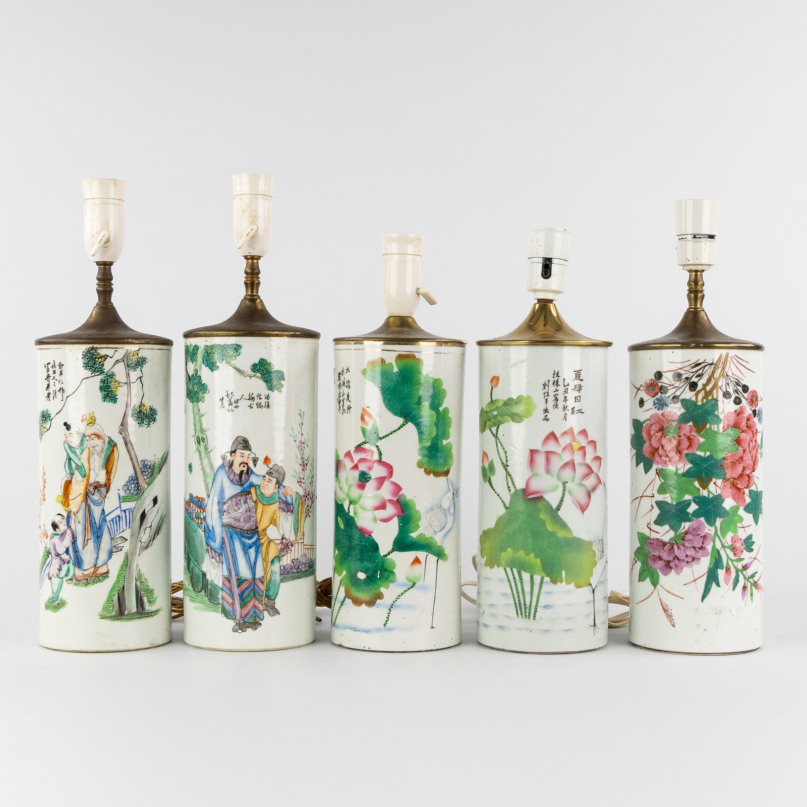 A Collection of five Chinese Hat stands, Famille Rose, electrified into table lamps, 19th/20th: A Collection of five Chinese Hat stands,