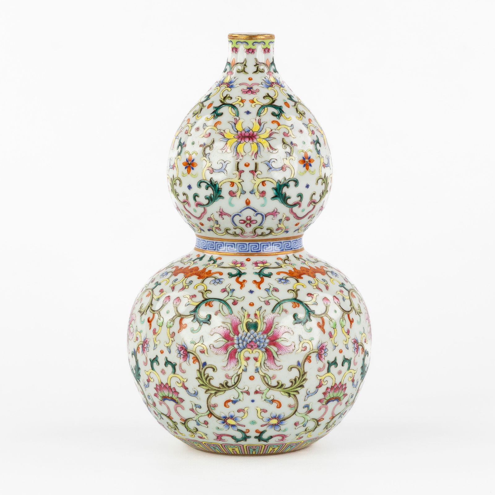 A Chinese 'Bajixiang' Double Gourd Vase, Famille Rose, Qianlong marked. (1 of 6)
