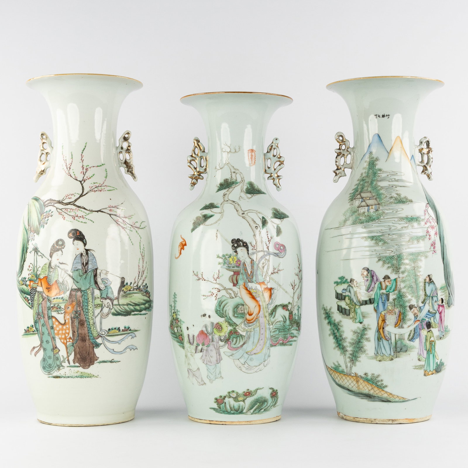 Three Chinese vases, Famille Rose, decorated with Wise men, Court ladies, and Guanyin, 19th/20th C.: Three Chinese vases,