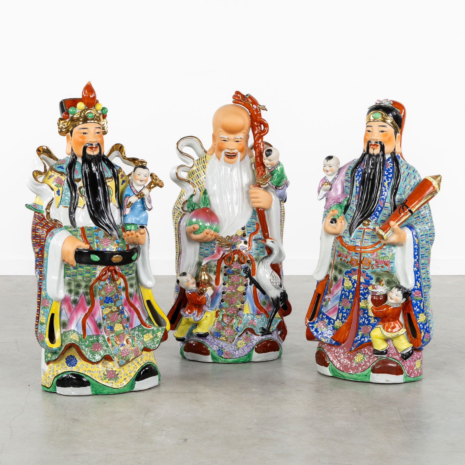 Three Large Chinese Famille Rose Figurines of the Sanxing, with Fu, Lu, and Shou. (1 of 9)