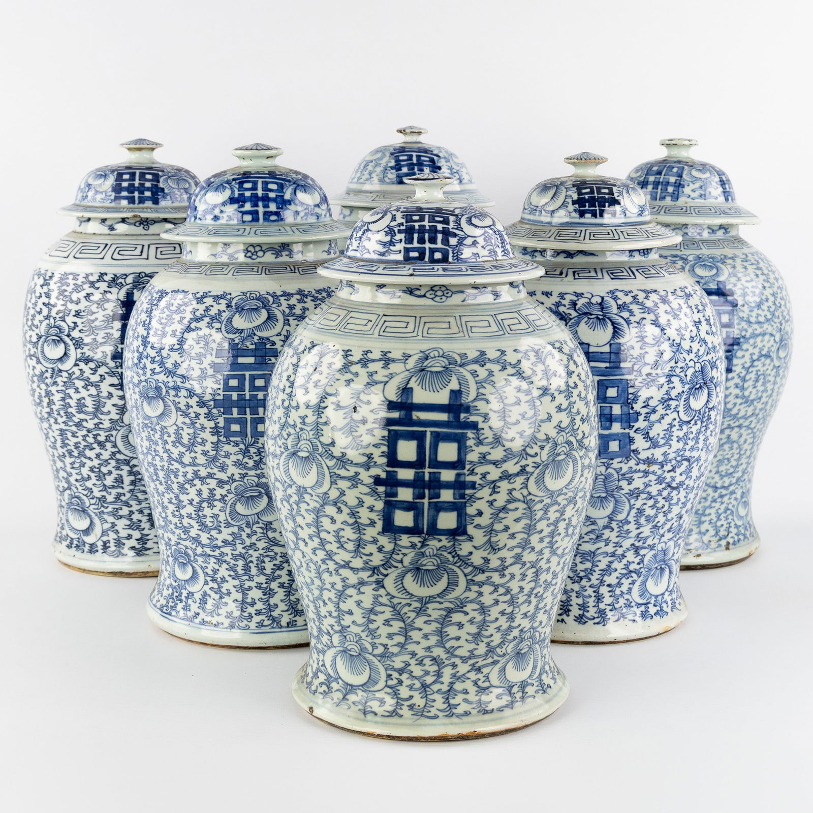 Six Large Chinese covered vases or ginger jars, blue and white decor, double auspicious symbols, (1 of 8)