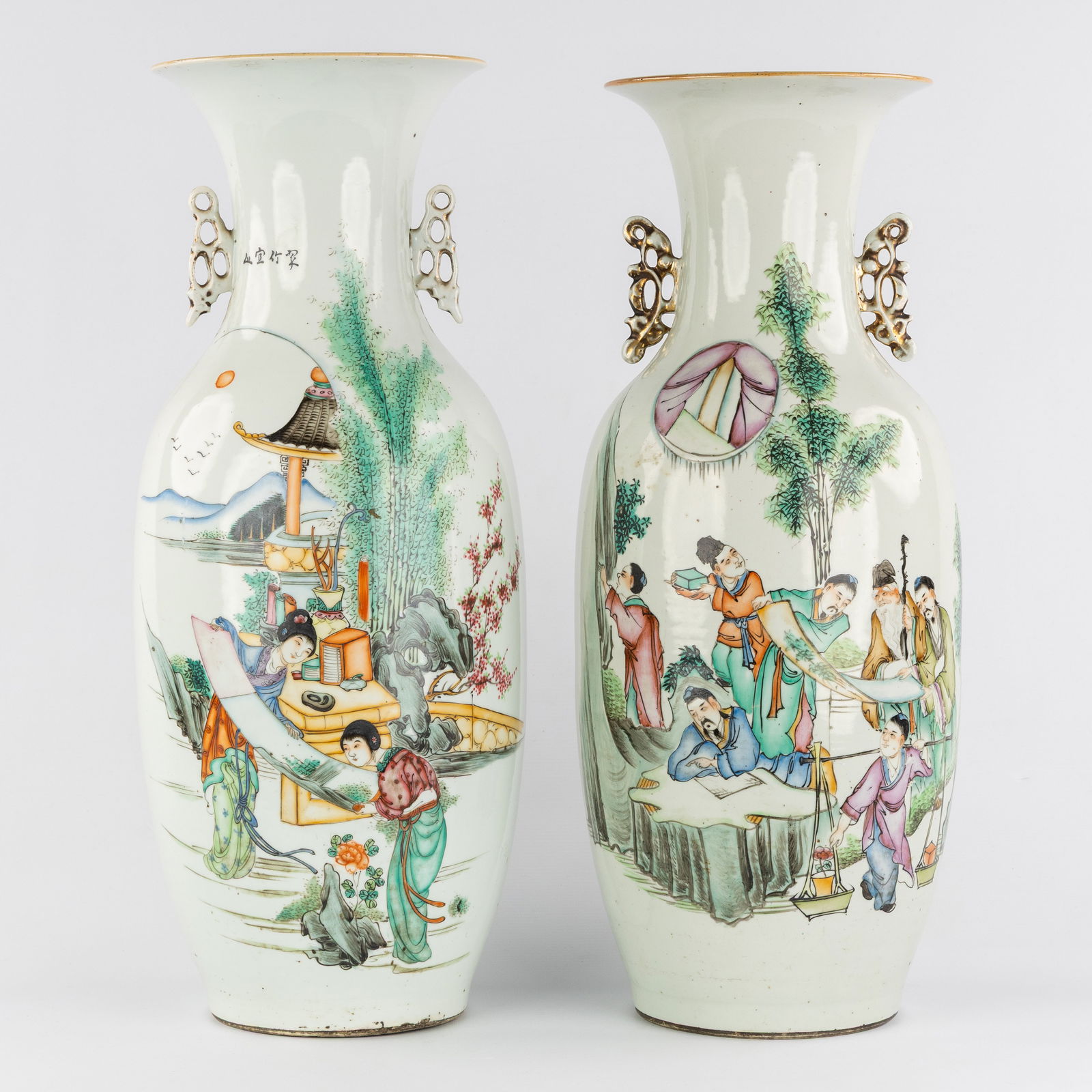 Two Chinese vases, Famille Rose, decorated with Wise Men and Court Ladies with a Scroll, 19th/20th (1 of 6)