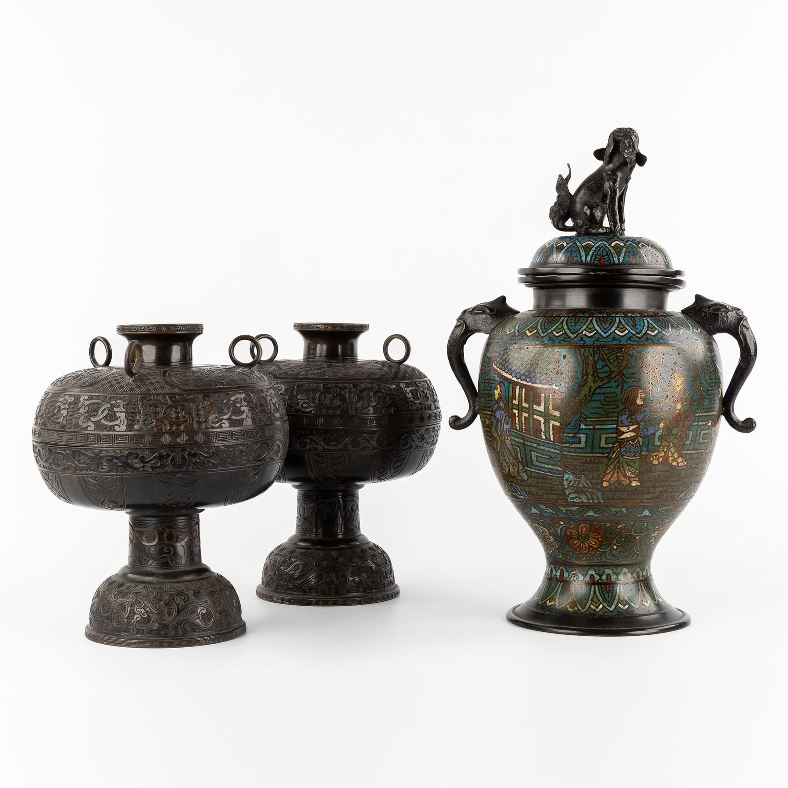 A Pair of Oriental bronze covered vases and a Champlevé covered vase, 19th/20th C. (1 of 13)