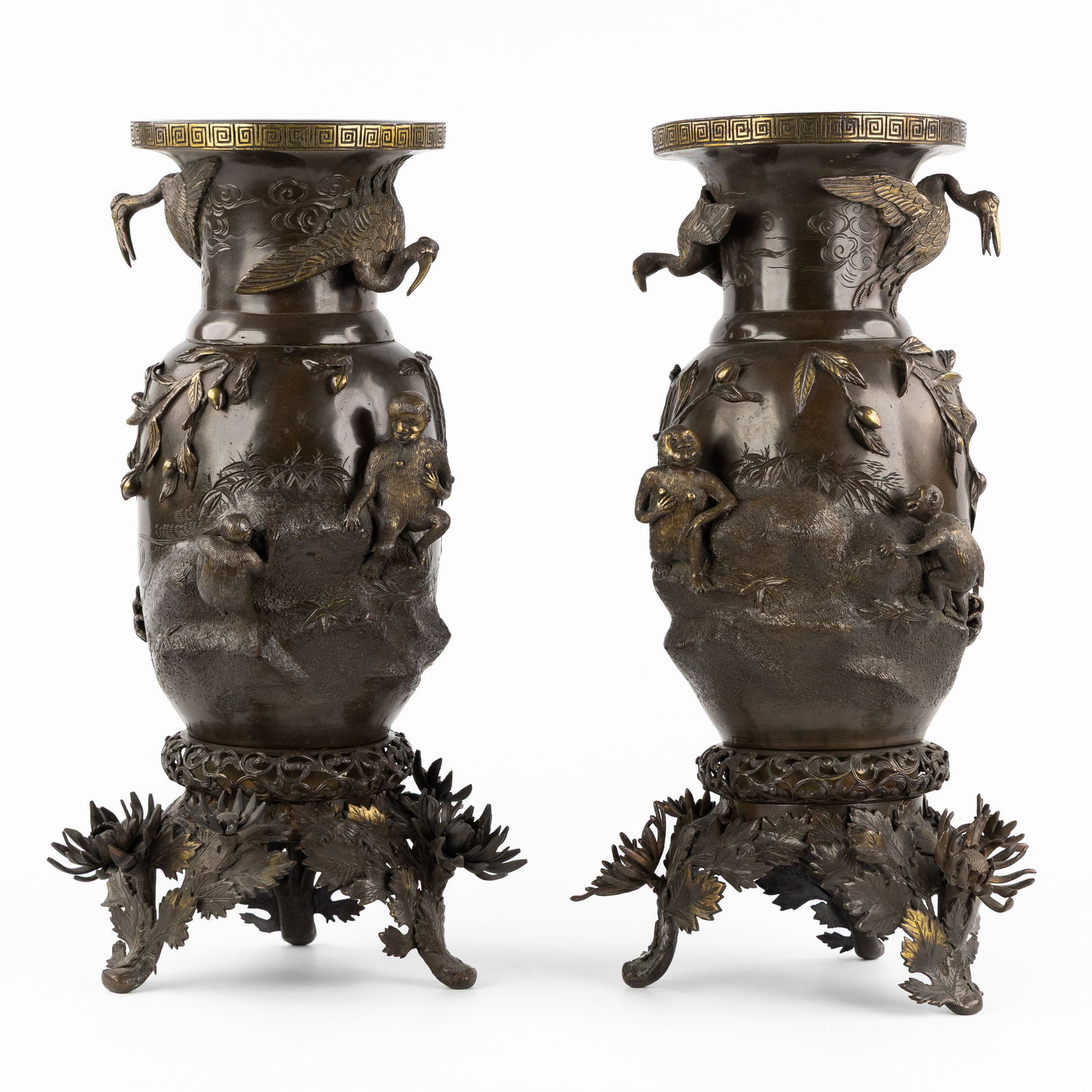 A Pair of Japanese bronze vases, decorated with sculptured monkeys, birds, and flowers, Meiji, circa (1 of 14)