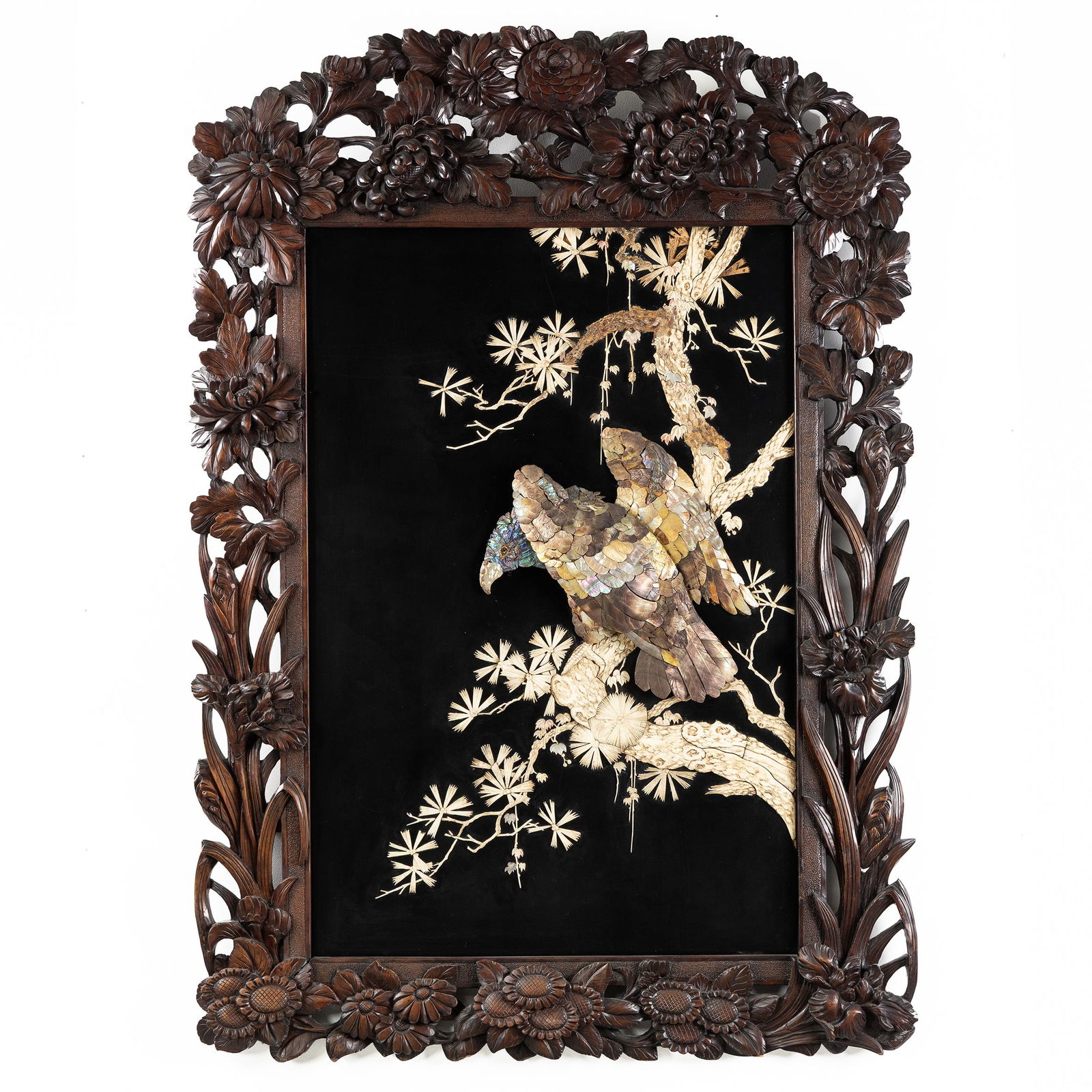 A Large, richly sculptured Japanese frame with an Eagle, Sculptured hardwood with bone and (1 of 8)