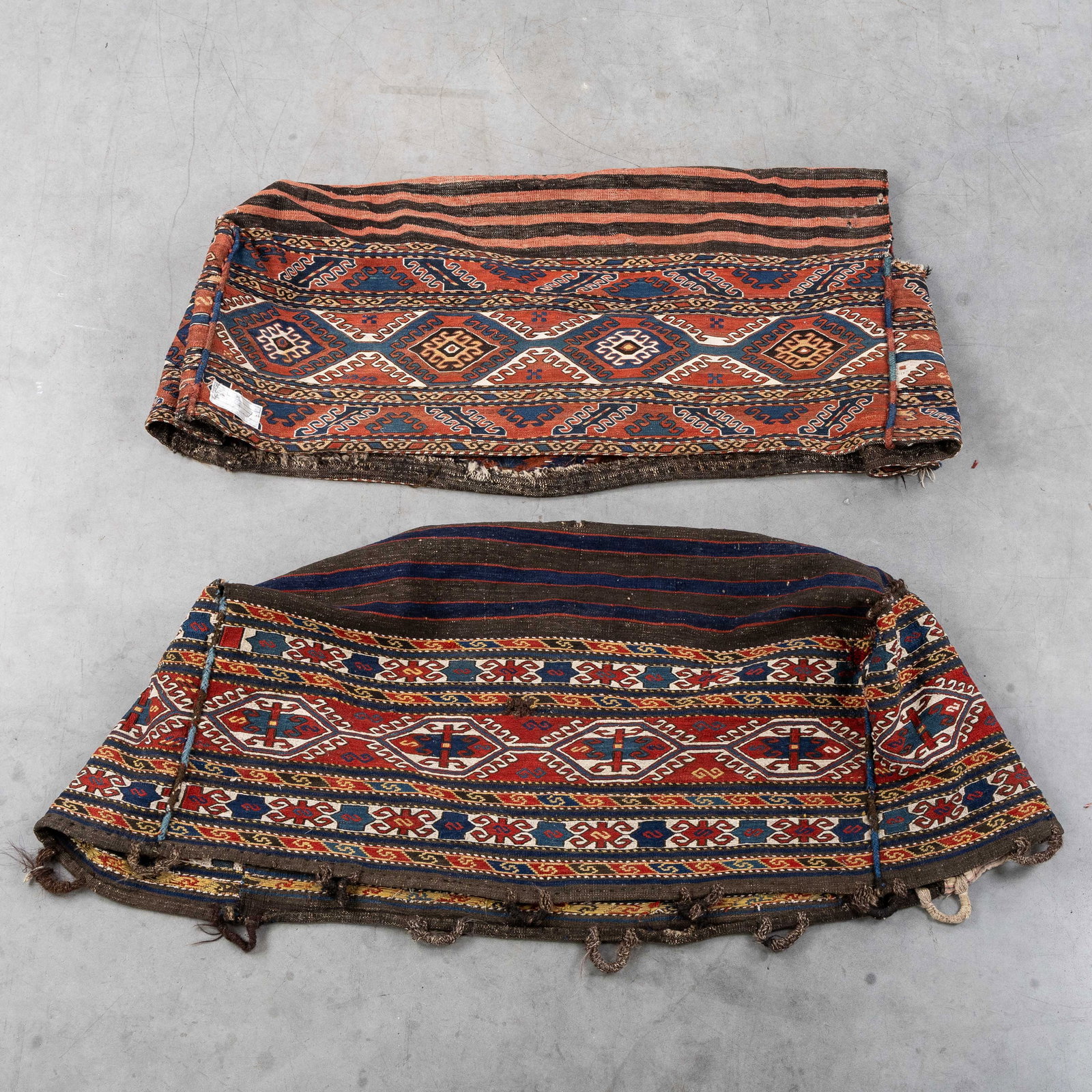 Two Oriental hand-made camel bags.: Two Oriental hand-made camel bags. 100 x 40 x 40 cm / 101 x 37 x 40 cm (101 x 37 x 40 cm)