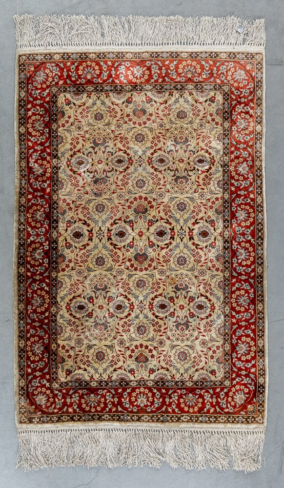A Fine Hand-Made Oriental Carpet, silk, probably Hereke (93 x 63 cm). (1 of 5)