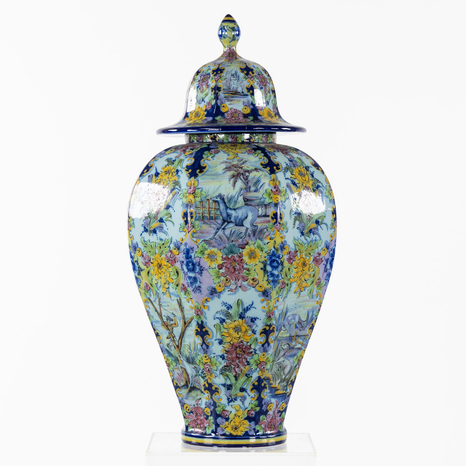 A Large Covered vase with Hand-Painted Decorations, glazed ceramic, Portugal, circa 1950. (1 of 11)