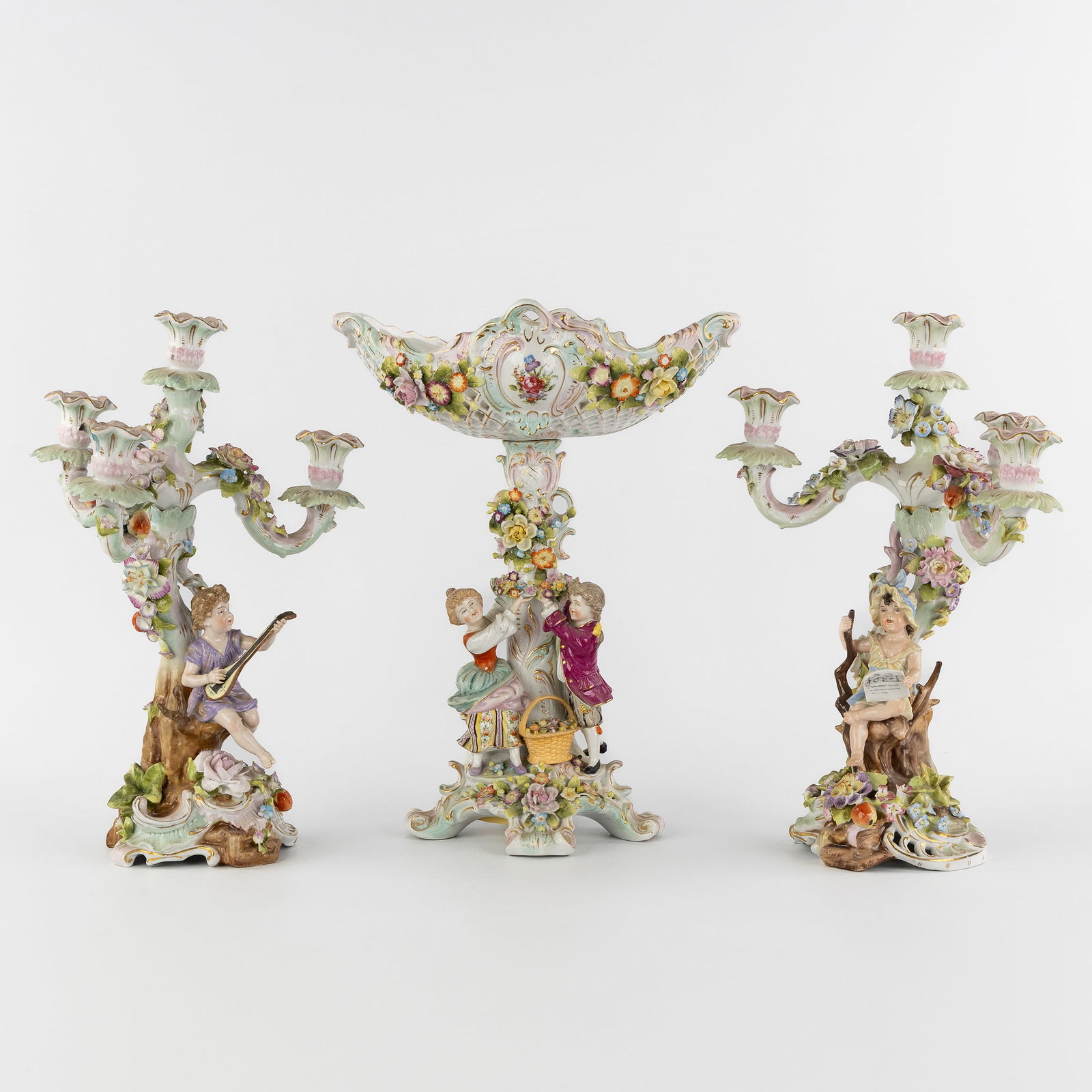 Plaue - Von Schierholz. A pair of candelabra and a 'Milieu De Table'. Polychrome porcelain. Germany. (1 of 11)