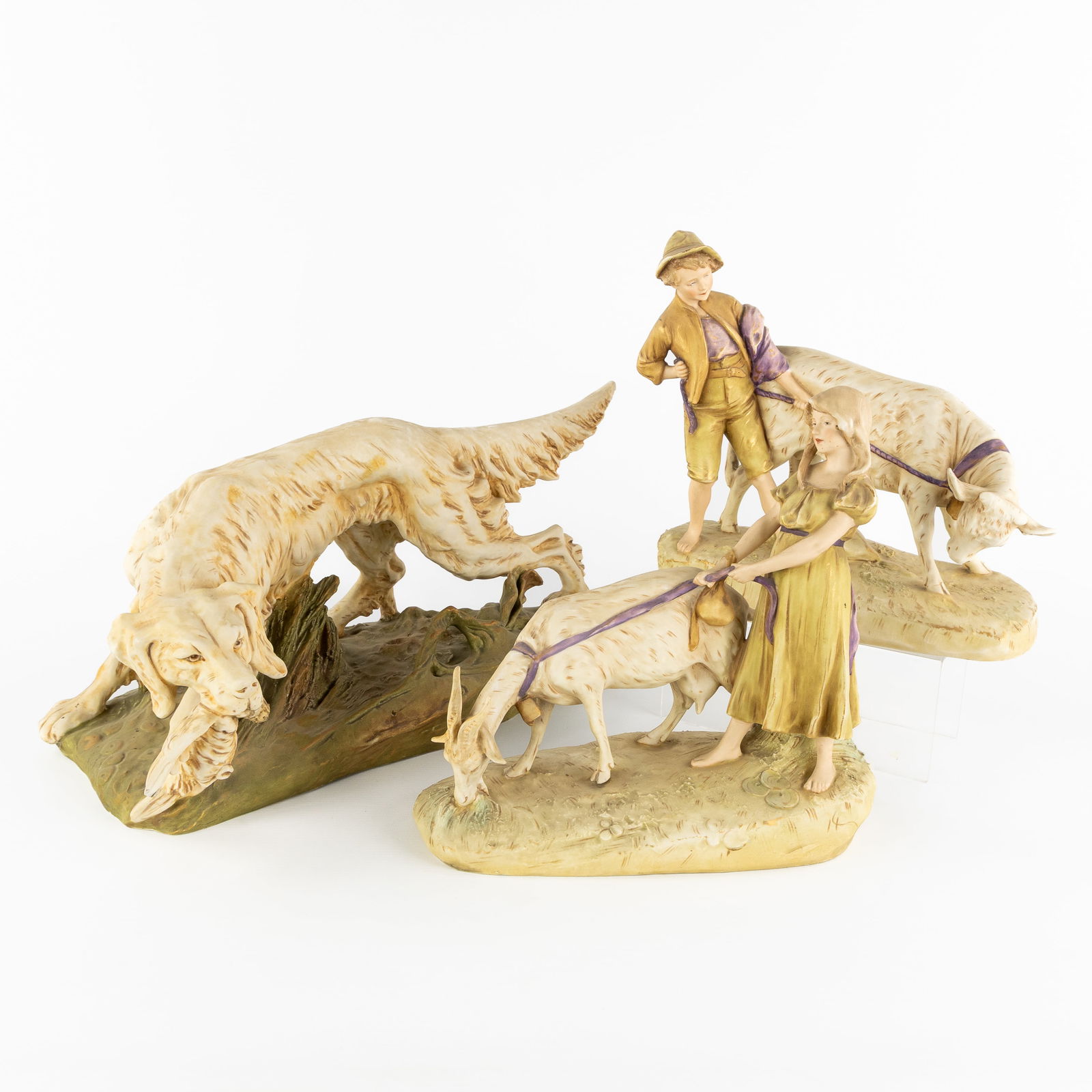 Royal Dux, three figurative groups, Hunting Dog with Prey, Goatherdess, and Farm Boy, 20th C. (1 of 16)