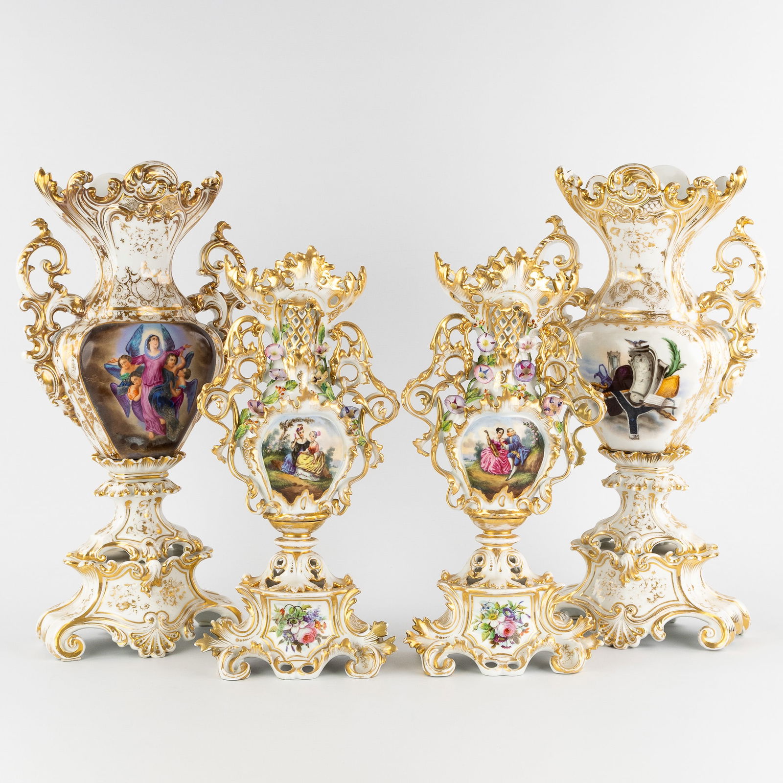 Vieux Paris, two pairs of vases with hand-painted and gilded decorations, Louis XV style, 19th C.: Vieux Paris, two pairs of vases with hand-painted and gilded decorations, Louis XV style, 19th century. Gilded porcelain.Pair of large vases, hand-painted decorations with angels and vanitas symbols,