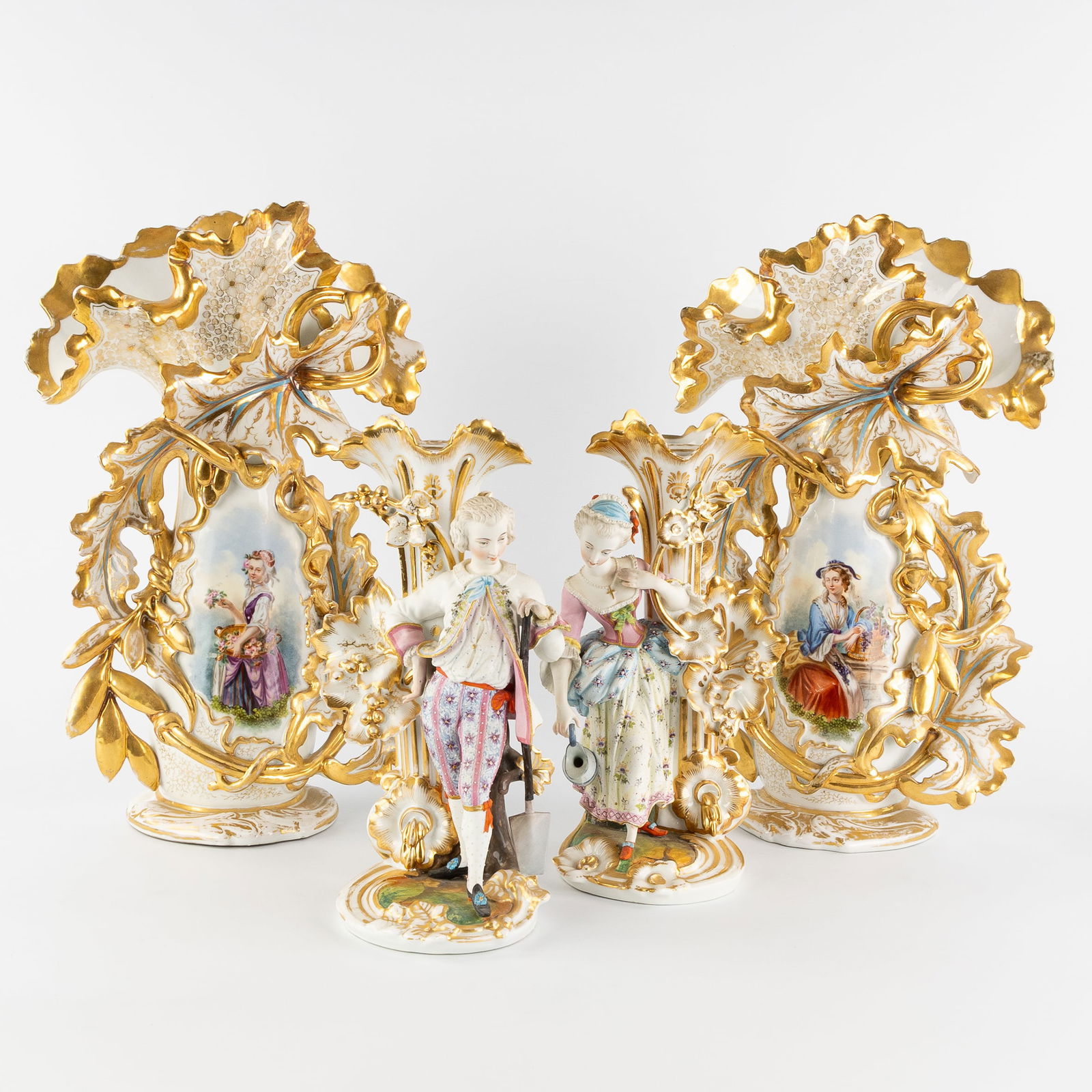 Vieux Paris, A Pair of large vases and a Pair of figural candlesticks, polychrome and gilt (1 of 10)