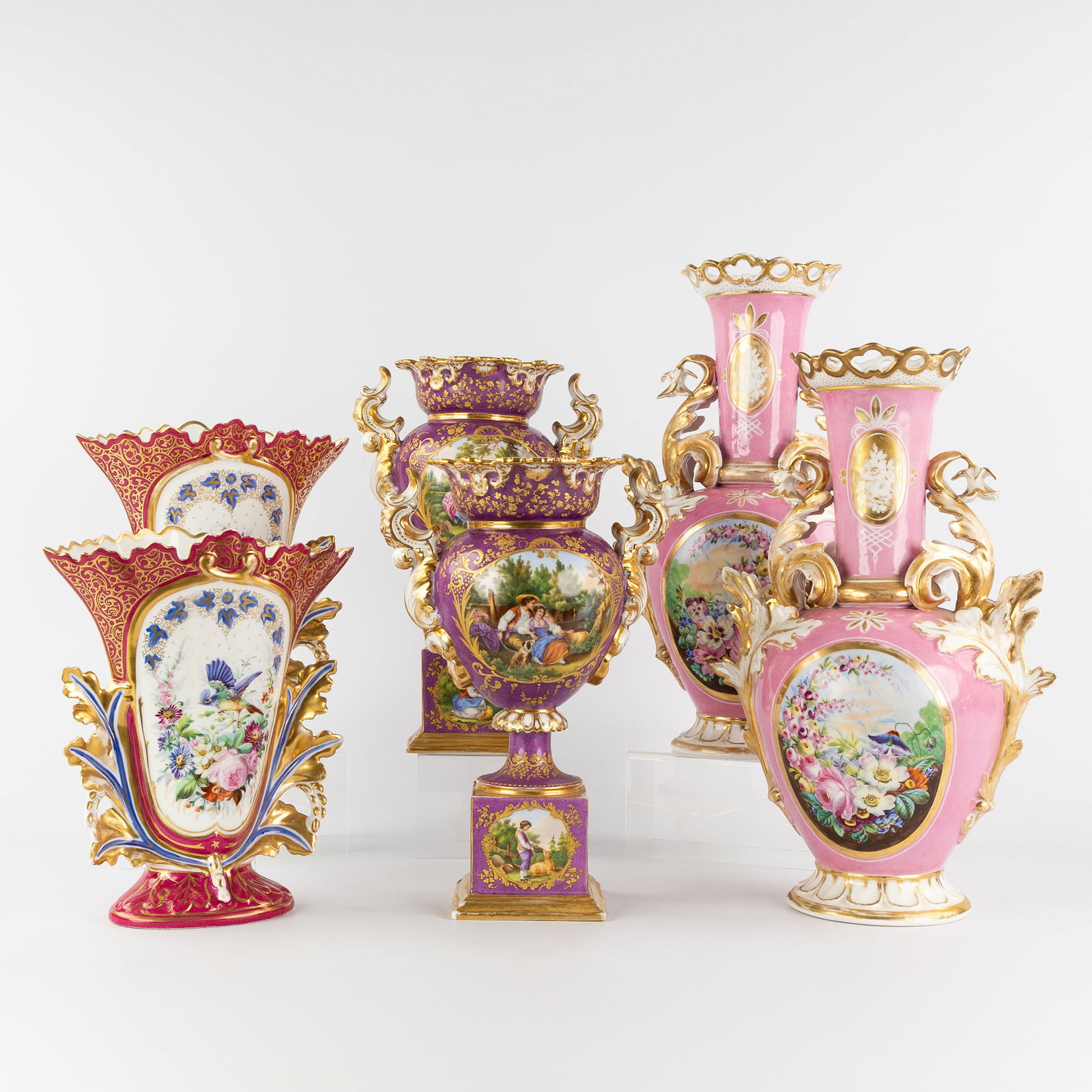 Vieux Paris, Three Pairs of vases, Hand-painted and gilded porcelain, in the style of Jacob Petit,: Vieux Paris, Three Pairs of vases, Hand-painted and gilded porcelain, in the style of Jacob Petit, 19th century. Polychrome and gilded porcelain.Pair of large pink vases with hand-painted floral decor