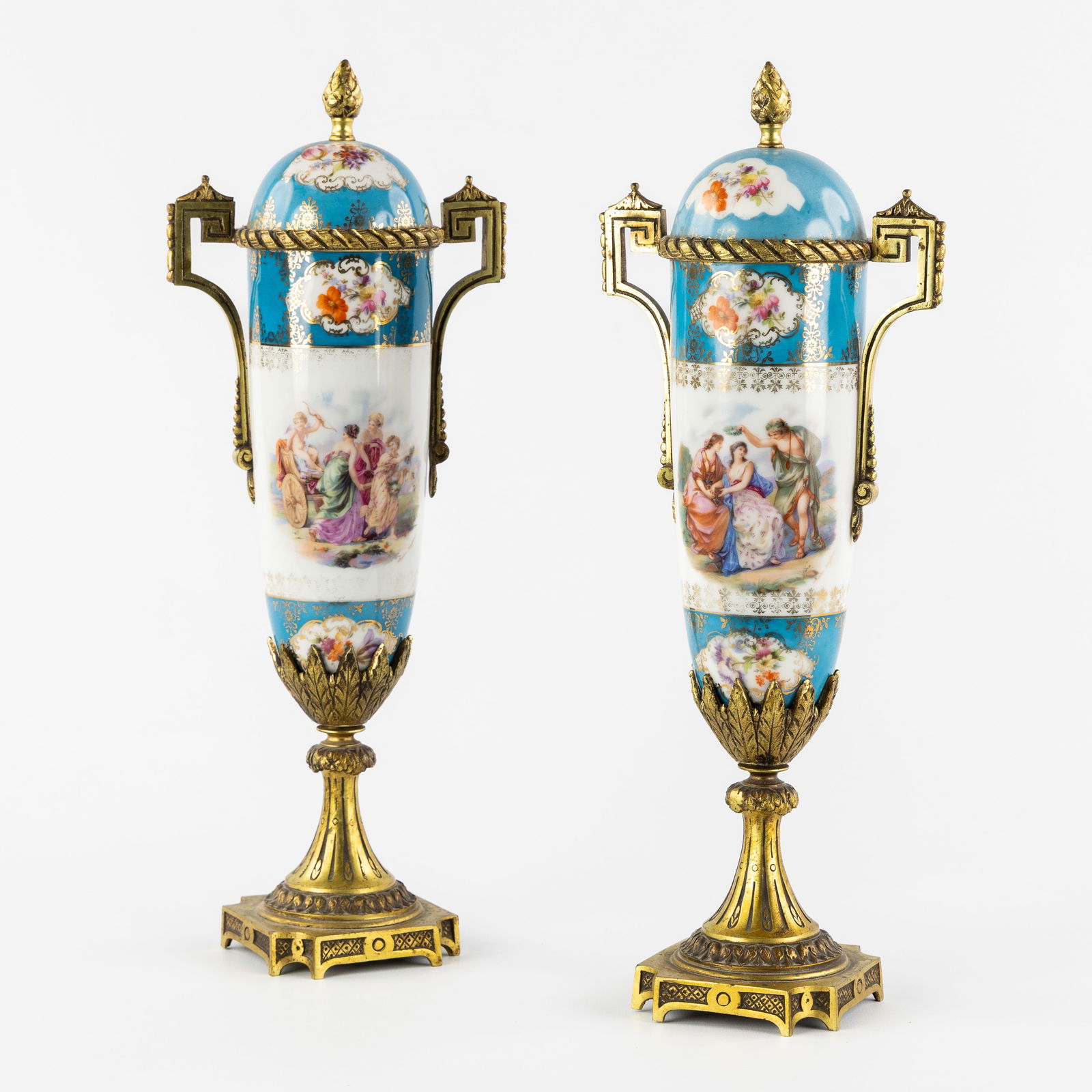 A Pair of Sèvres style cassolettes, 'Bleu Céleste' porcelain, mounted with bronze, mythological (1 of 13)