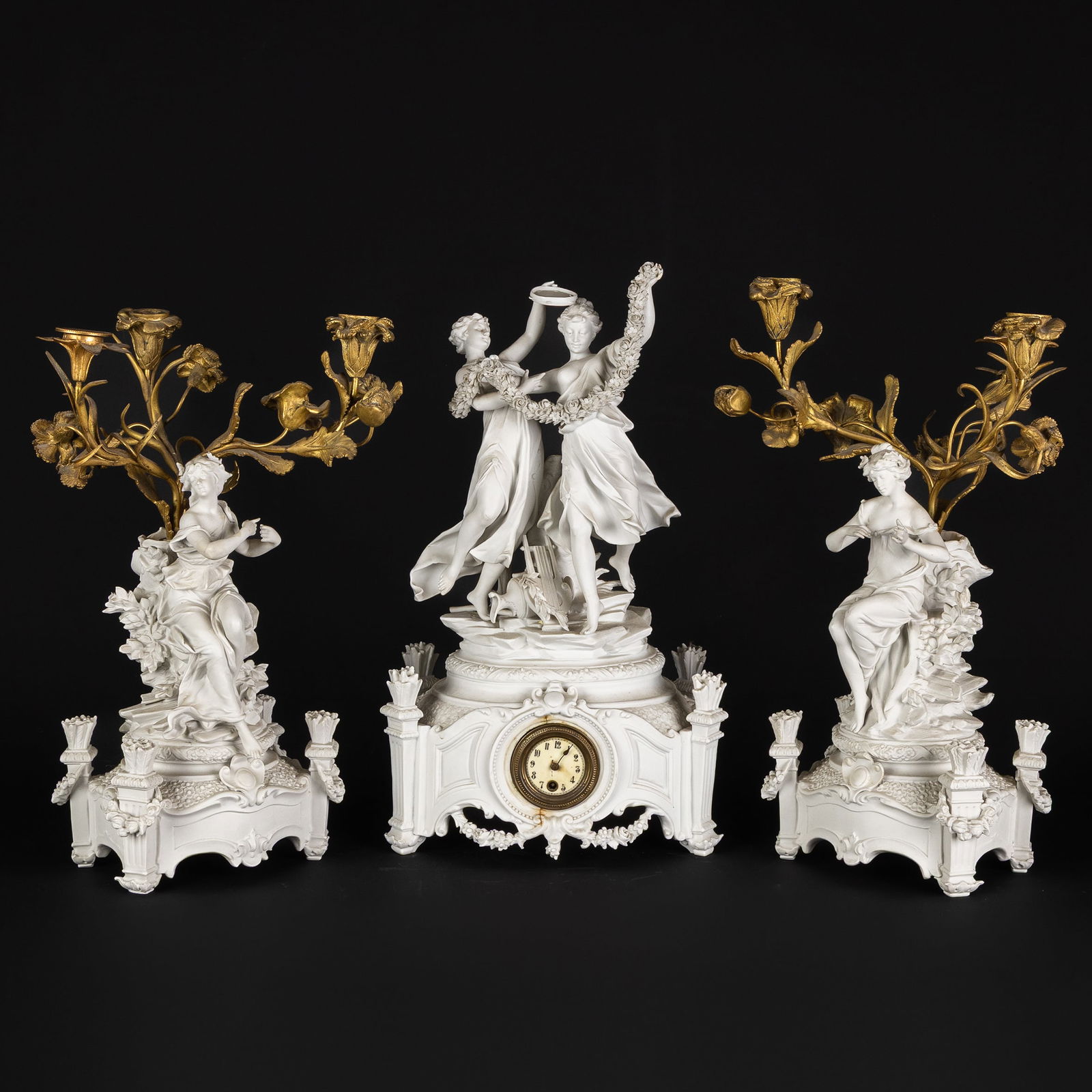 Rudolstadt, A Three-piece Mantel Garniture, Dancing Muses, clock and candelabra, biscuit porcelain (1 of 9)