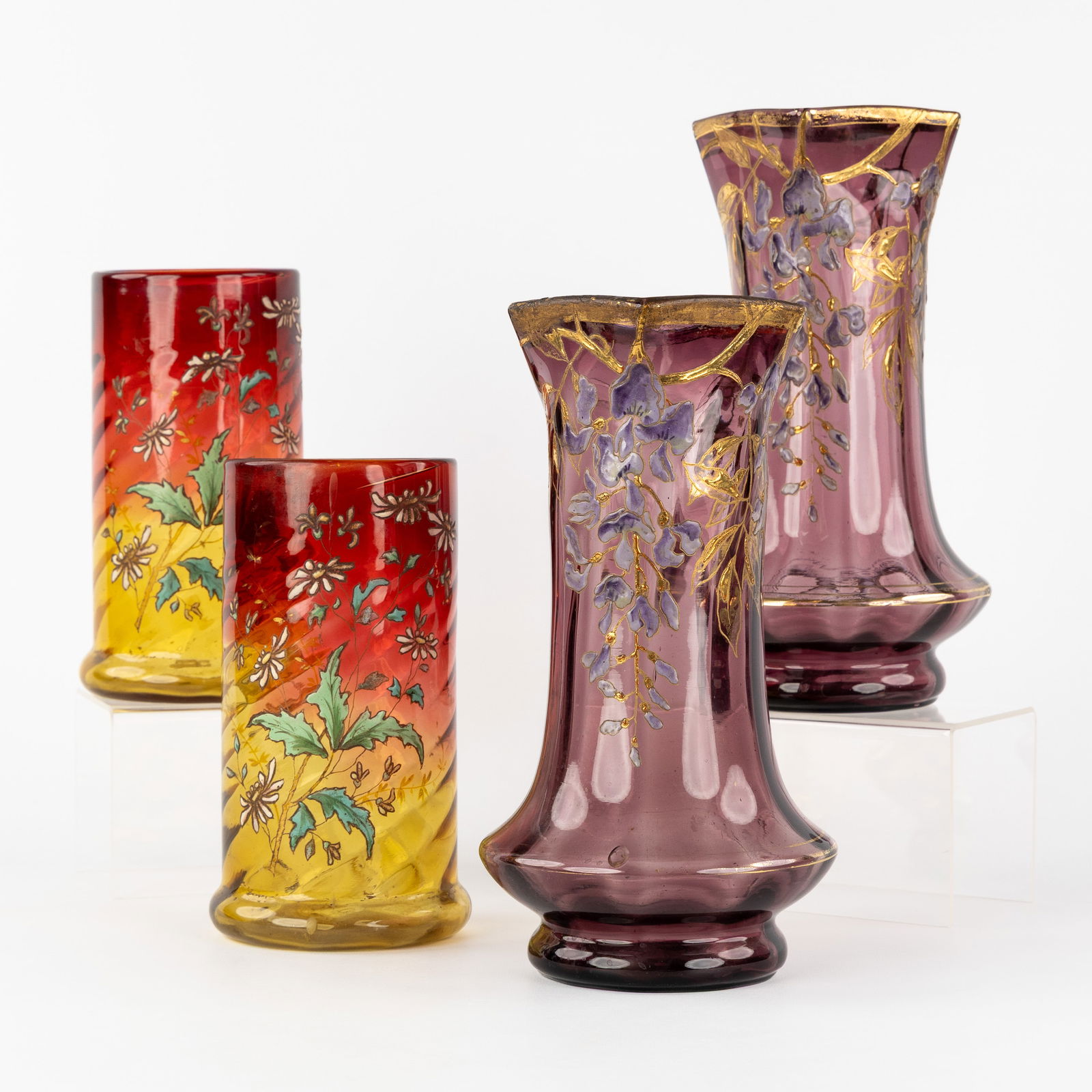 Two Pairs of Vases with enameled floral decorations, in the style of Legras and Mount Washington, (1 of 8)