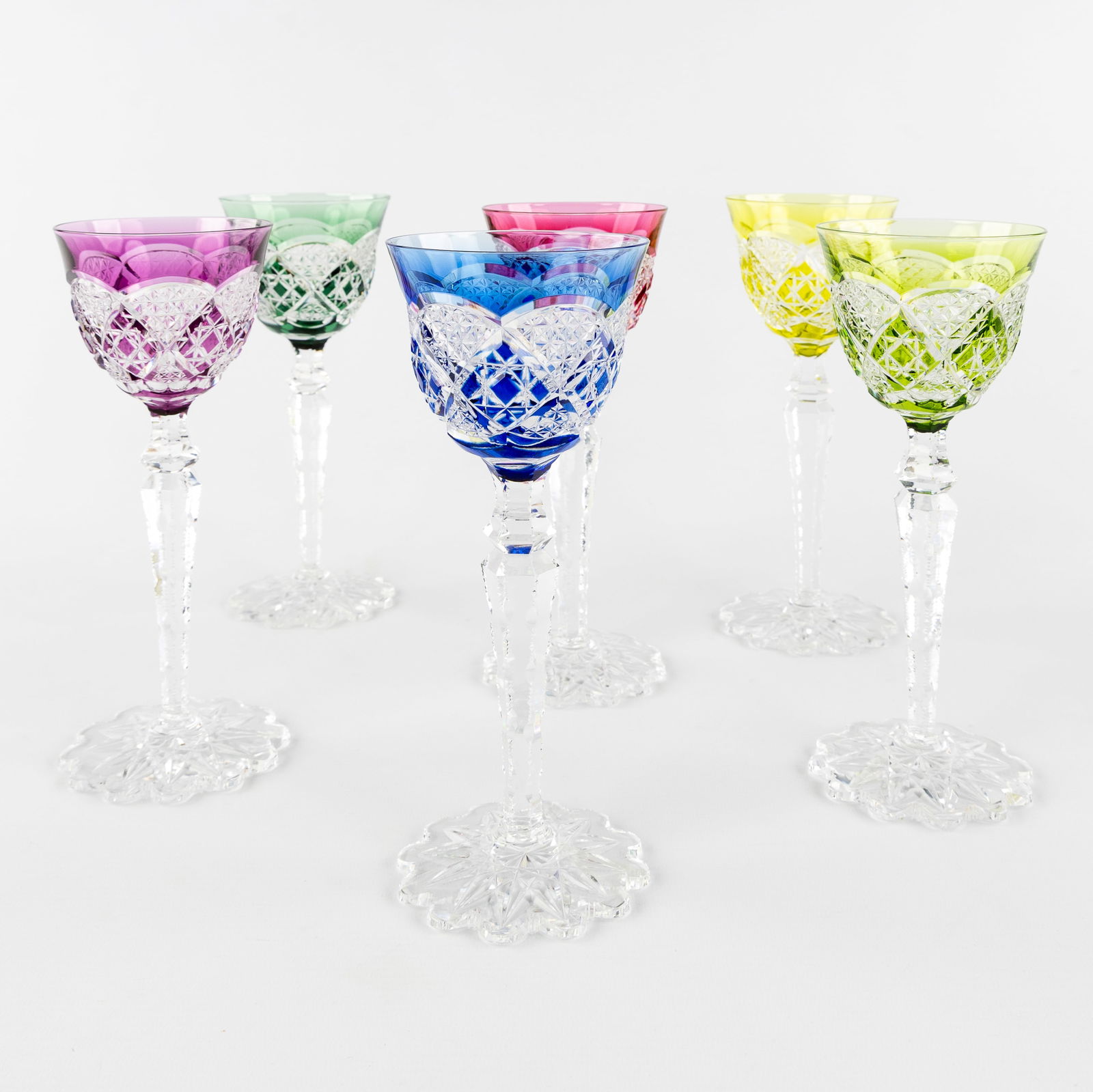 Val Saint Lambert, Berncastel, 6 glasses, coloured and cut crystal. (1 of 7)