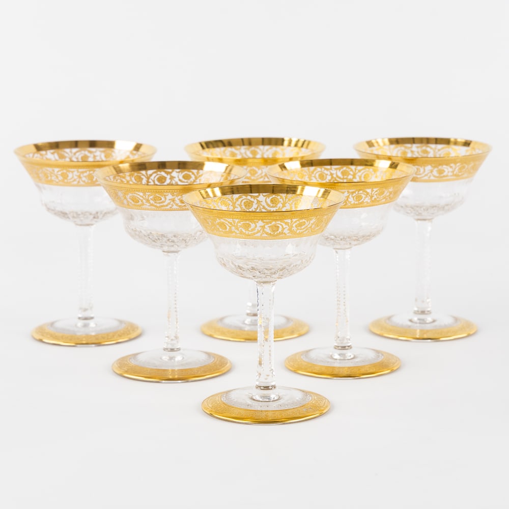 Saint Louis, 'Thistle Gold', a Set of 6 Champagne Coupes, Engraved Decorations and Etched Gold: Saint Louis, 'Thistle Gold', a Set of 6 Champagne Coupes, Engraved Decorations and Etched Gold Decorations. Six champagne coupes, cut and etched crystal.Decor 'Thistle Gold'.All signed 'Saint Louis