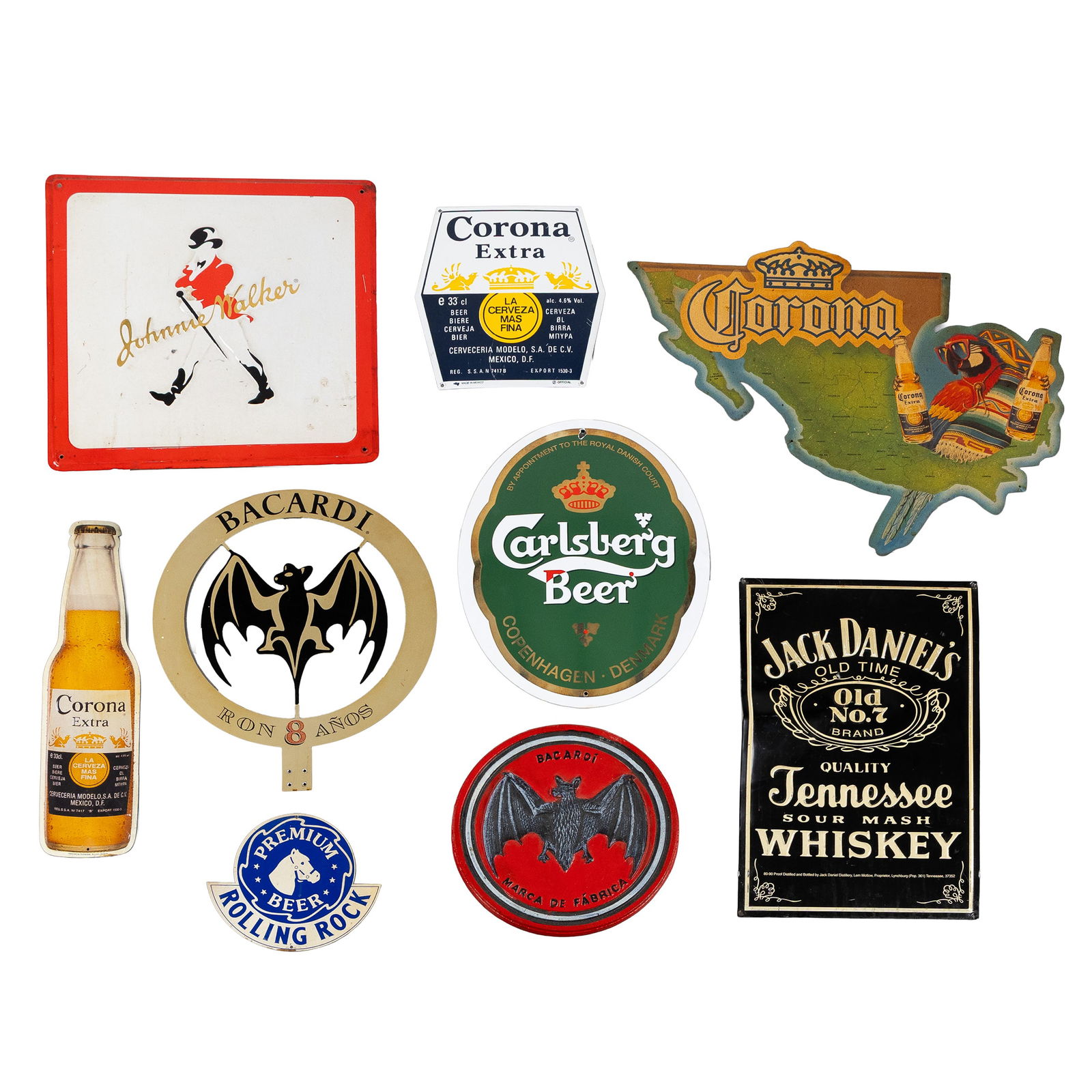 Nine vintage advertising signs and enamel plates for Beer and Spirits.: Nine vintage advertising signs and enamel plates for Beer and Spirits. Enamel sign 'Carlsberg Beer' (43 x 34,5 cm).