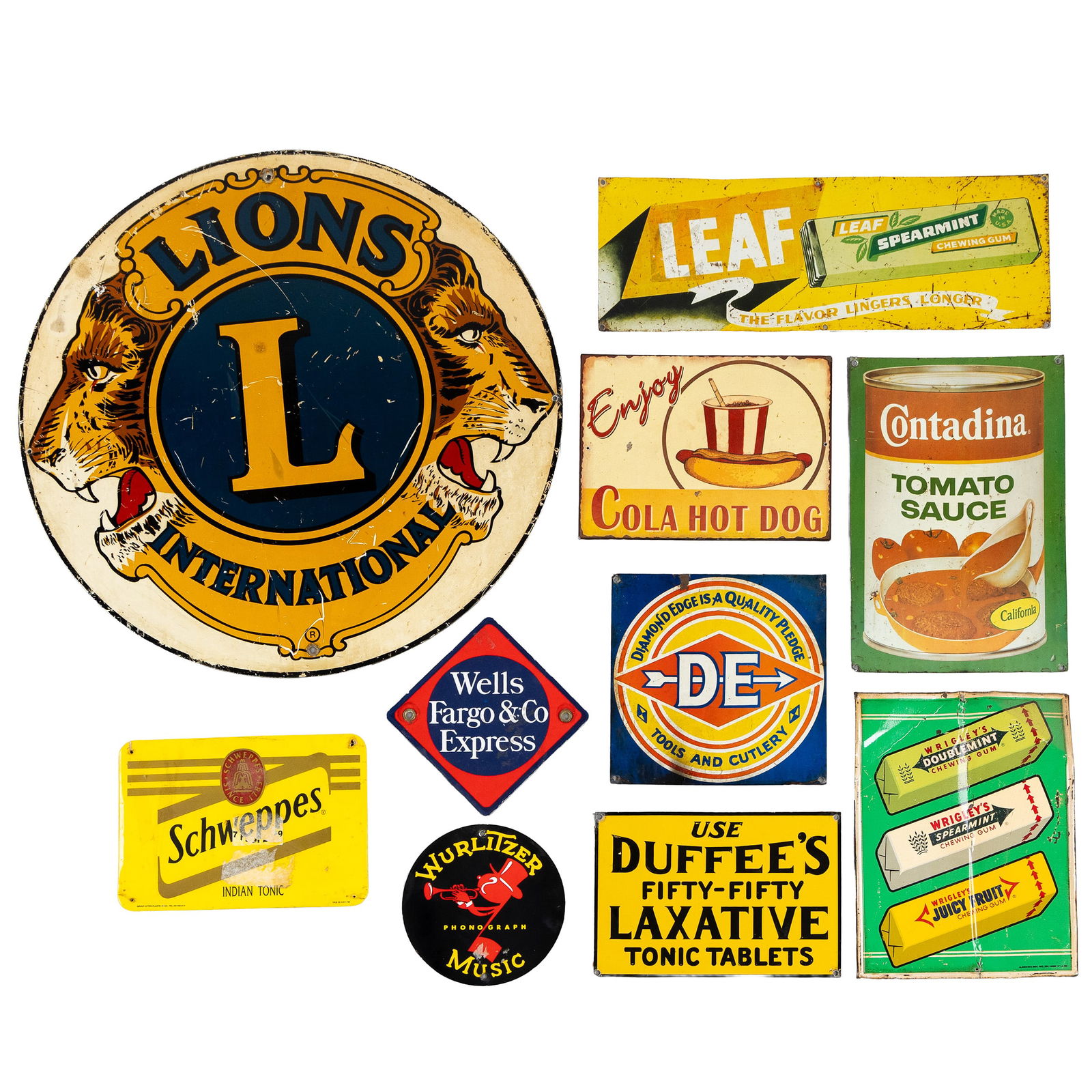 Ten vintage advertising signs, enamel and metal, 'Lion's International', Wurlitzer', 'Wells Fargo &: Ten vintage advertising signs, enamel and metal, 'Lion's International', Wurlitzer', 'Wells Fargo & Co', and more. Enamel advertising signs. Wurlitzer Music (D: 22.5 cm). Well's Fargo & Co Express (28