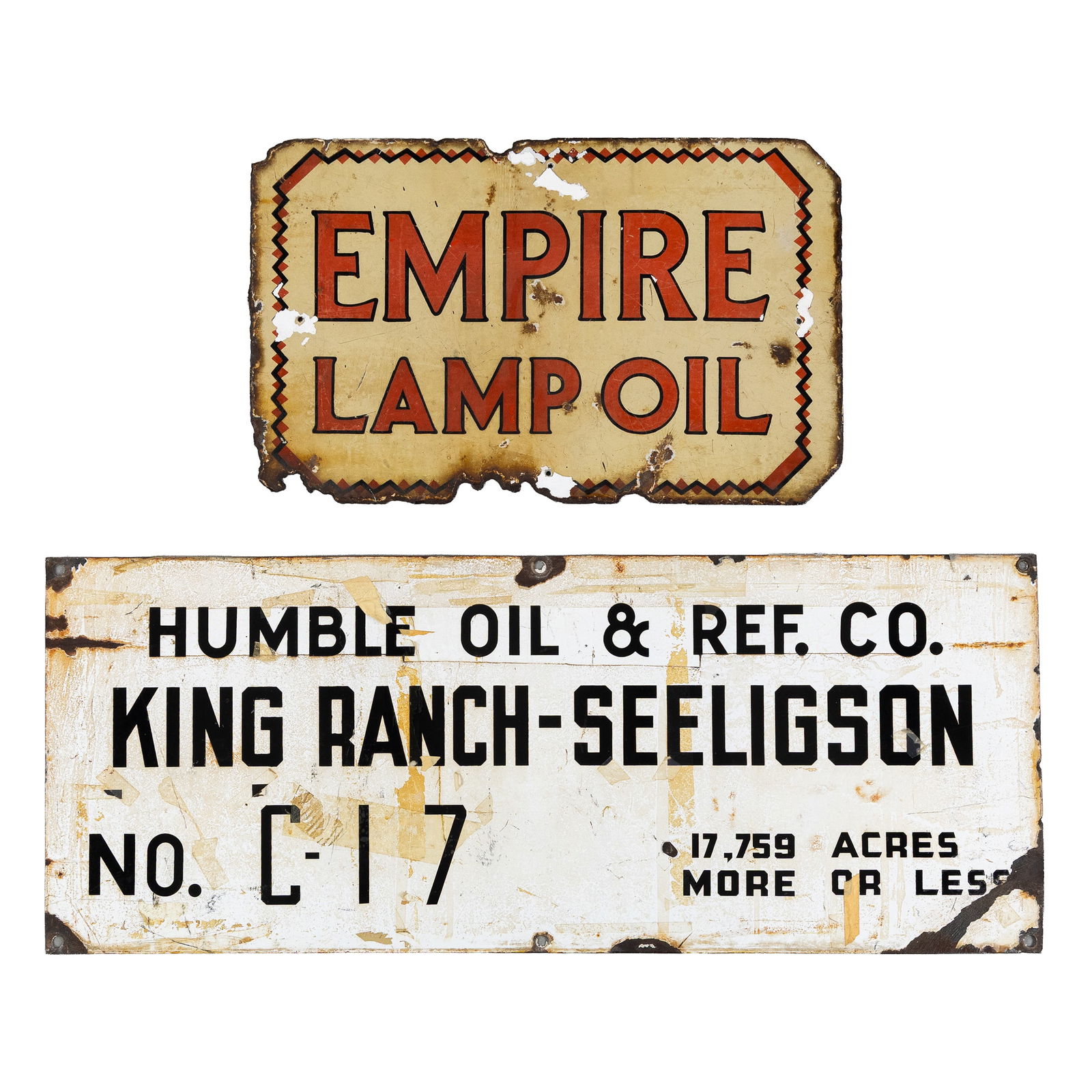 Two antique enamel advertising signs: 'Empire Lamp Oil' and 'Humble Oil & Ref. Co. King Ranch: Two antique enamel advertising signs: 'Empire Lamp Oil' and 'Humble Oil & Ref. Co. King Ranch Seelingson'. Enamel. Humble Oil & Ref. Co. - King Ranch-Seelingson' (40.5 x 101.5 cm). Empire Lamp Oil, do