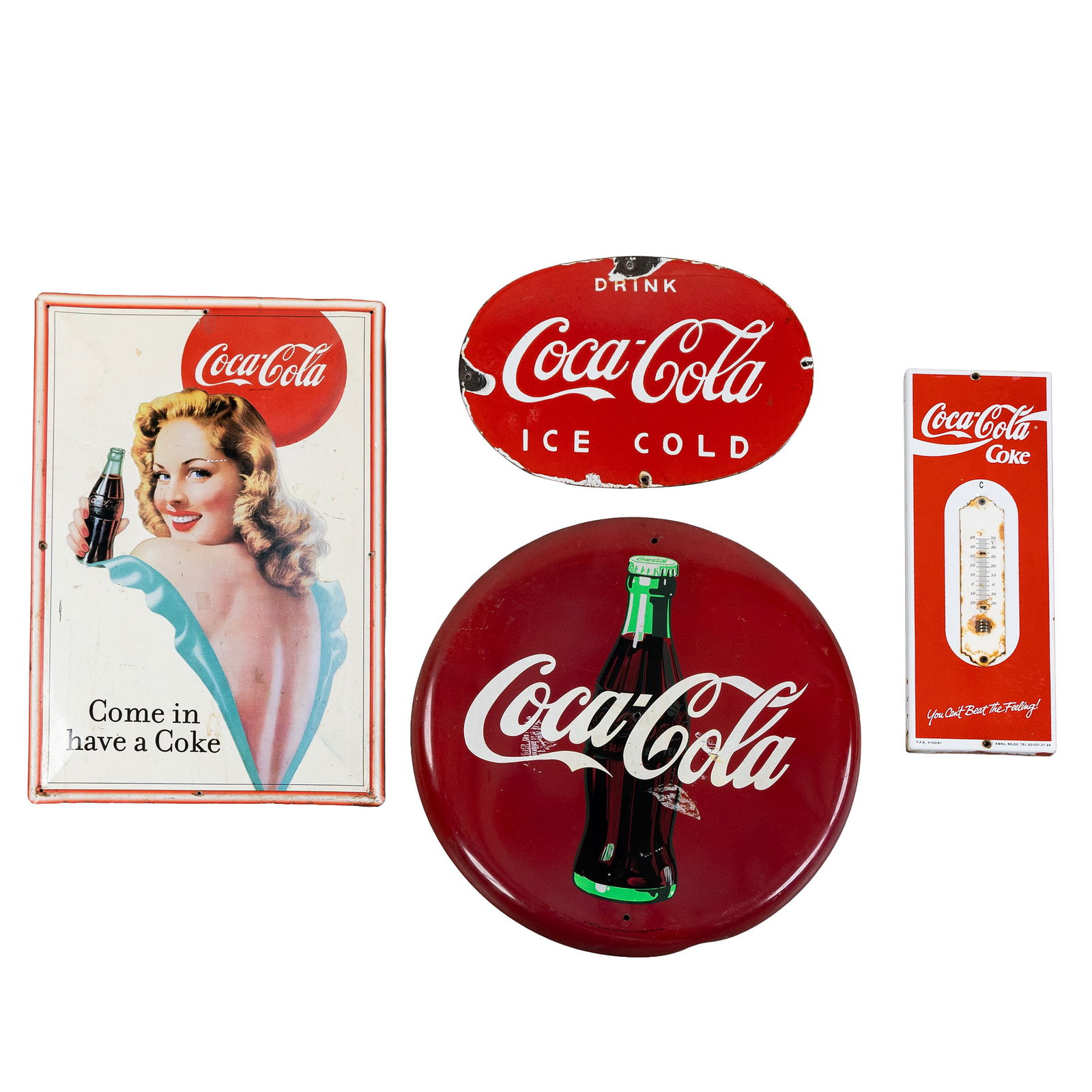 Four 'Coca-Cola' enamel and metal advertising signs, Emaillerie Belge and others. (1 of 7)