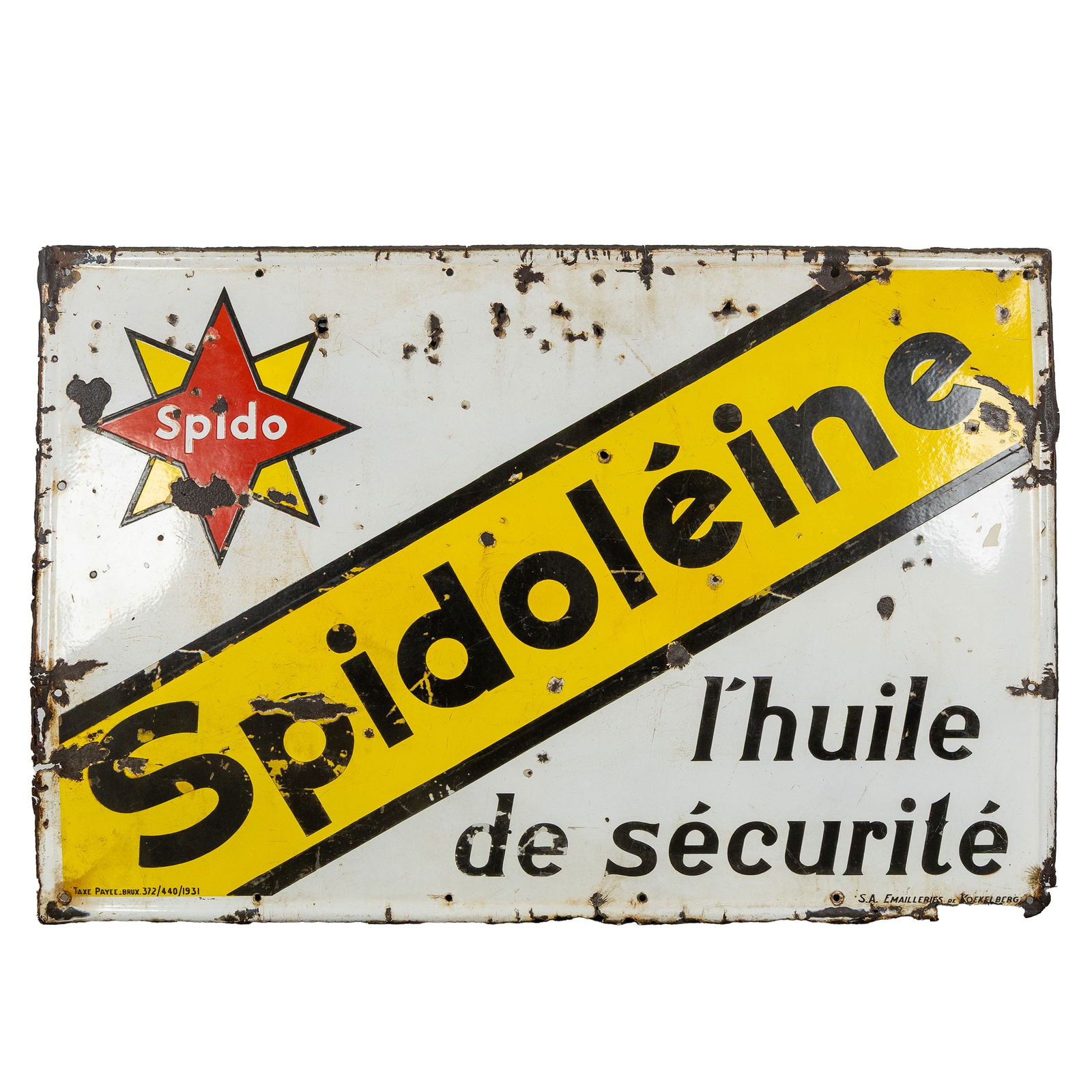 Emailleries de Koekelberg, an antique enamel advertising sign, 'Spido, Spidoléine, L'Huile De: Emailleries de Koekelberg, an antique enamel advertising sign, 'Spido, Spidoléine, L'Huile De Securité' (1931). Enamel. 'Spido, Spidoléine, L'Huile De Securité' S.A. Emailleries de Koekelberg (193
